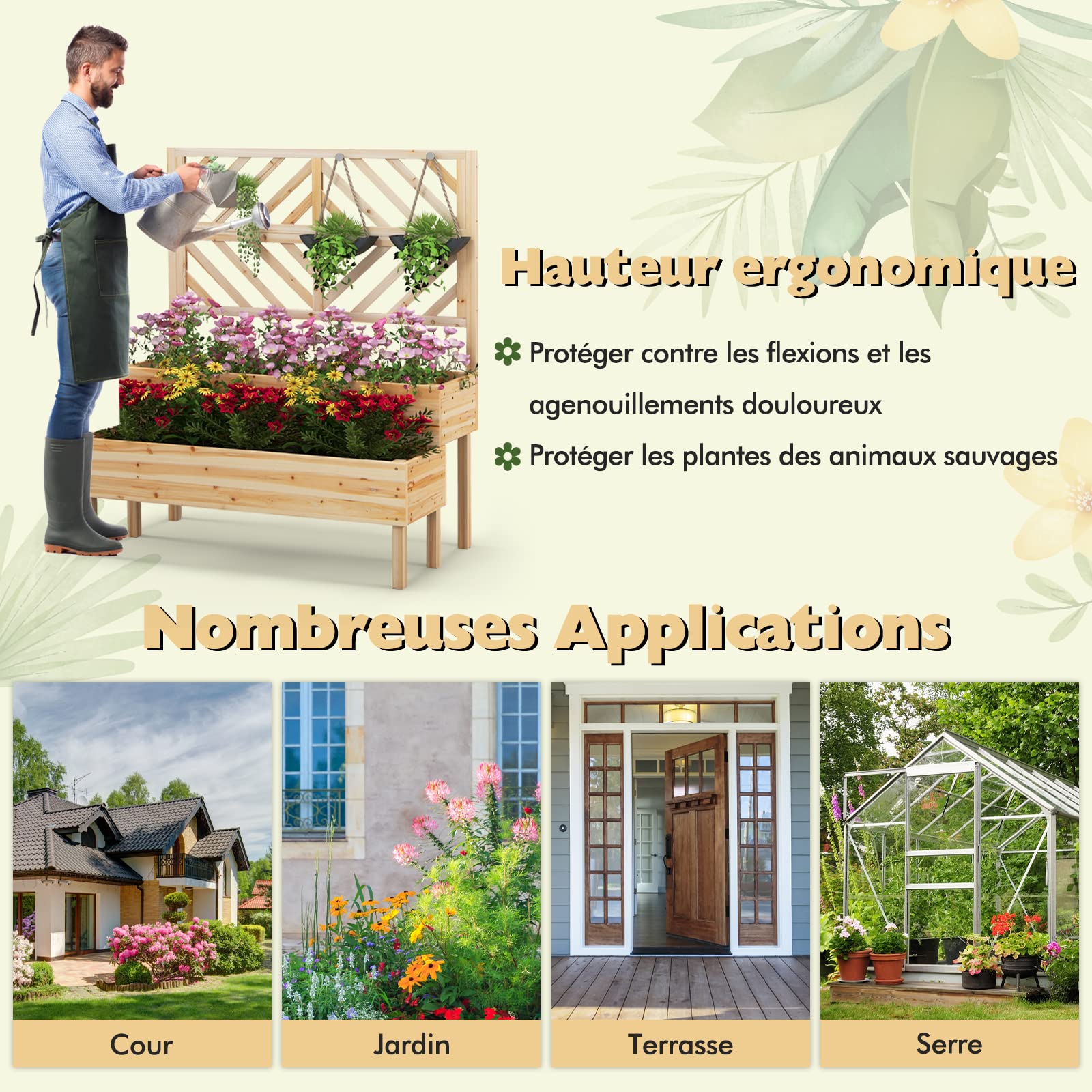 GOPLUS 2 en 1 Jardinière Surélevée avec Treillis en Bois à 2 Niveaux pour Vigne, Bac à Fleurs avec Trou de Drainage pour Légumes, Fruits, Herbes, Fleurs, pour Patio, Balcon, Terrasse