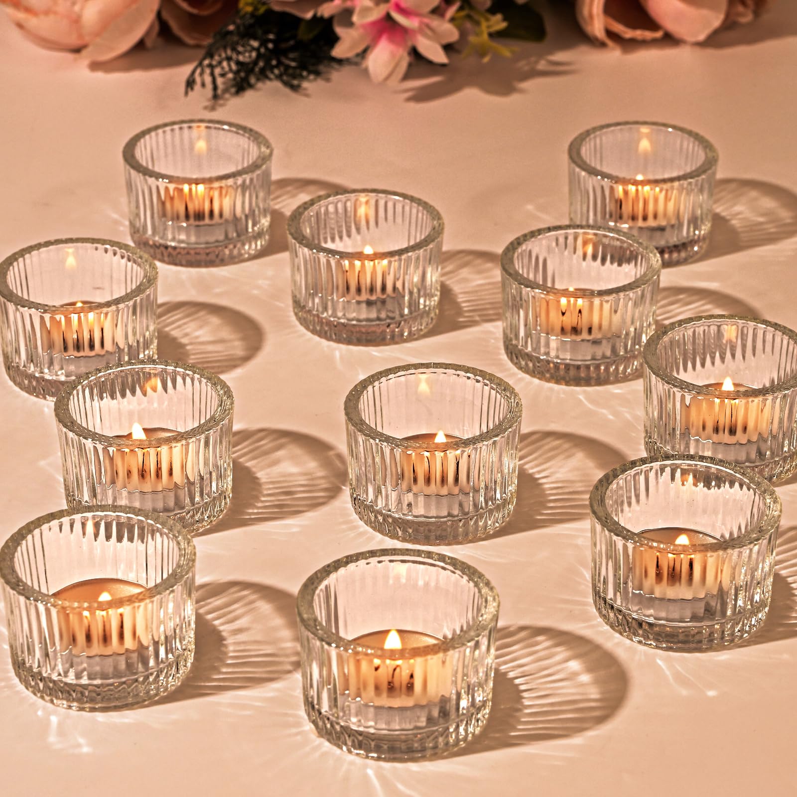 12PCS Tea Light Candle Holders Clear Tealight Holders, Ribbed Small Tea Light Holders Glass Candle Holder for Wedding Party Bridal Shower Table Centerpiece Home Decor