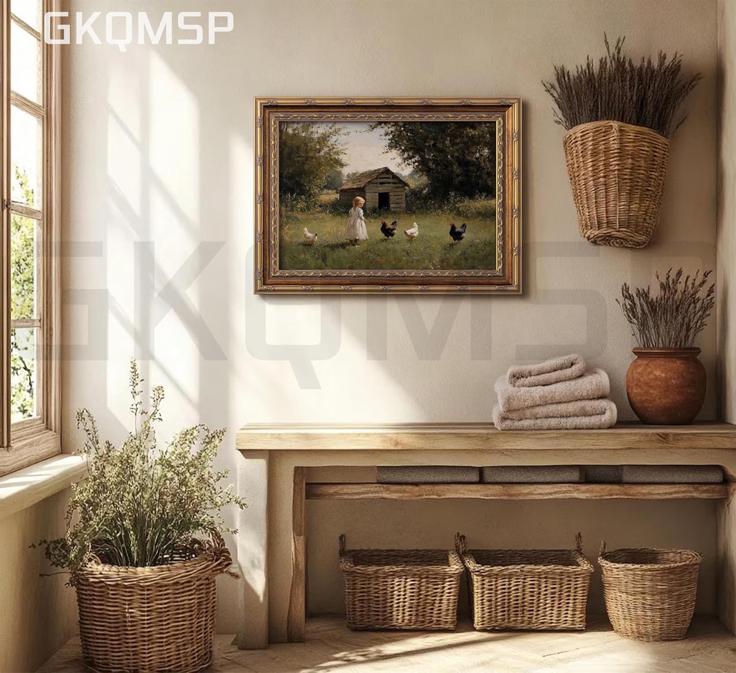 Vintage Gold Framed Farmhouse Chicken Wall Art Retro Country Farm Girl and Chicken Canvas Wall Decor Retro Rustic Poster Artwork Farmhouse Animal Picture for Home Living Bedroom 12x16in