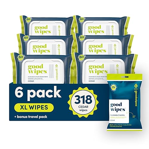 goodwipes Flushable Butt Wipes - Vitamin E & Aloe - Sewer & Septic Safe - Extra Large Adult Wet Wipes For Women & Men - Bathroom Essentials - Cedar, 318 Count (6 Packs + 1 Travel) - Cedar - 50 Count (Pack of 6 + 1 Travel Pack)