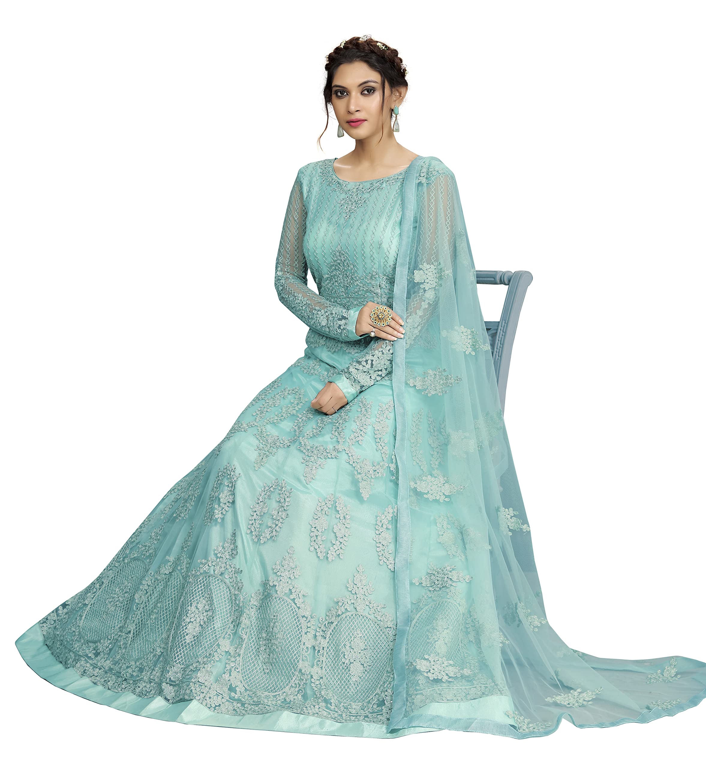 Trendmalls Anarkali Anarkali-Anzug-Set für Damen, Netz-Stickerei, indisches Pakistanisches Hochzeitskleid