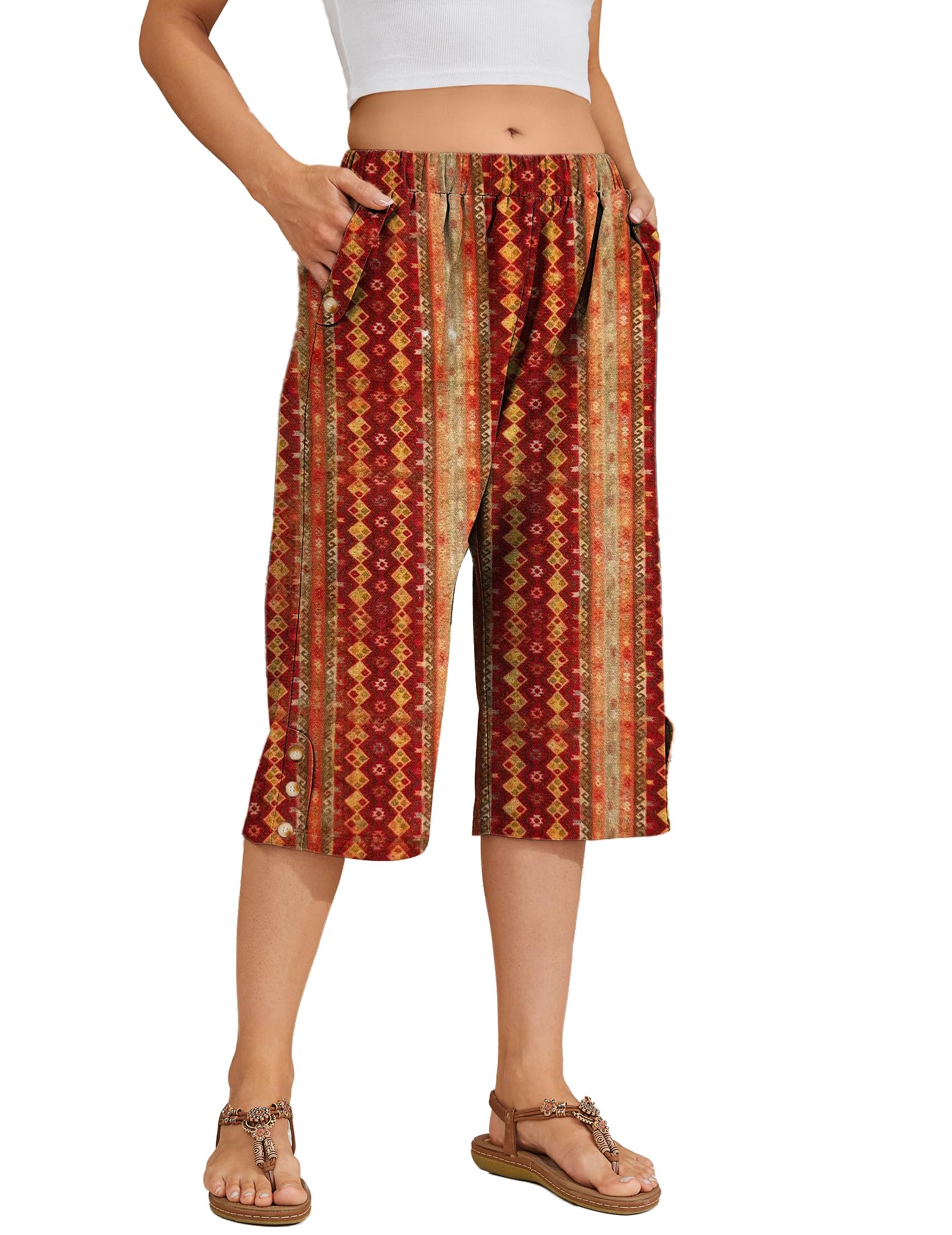 Women Summer Capri Pants Casual Wide Leg Elastic Waist Lightweight Cropped Loose Pants with Pockets