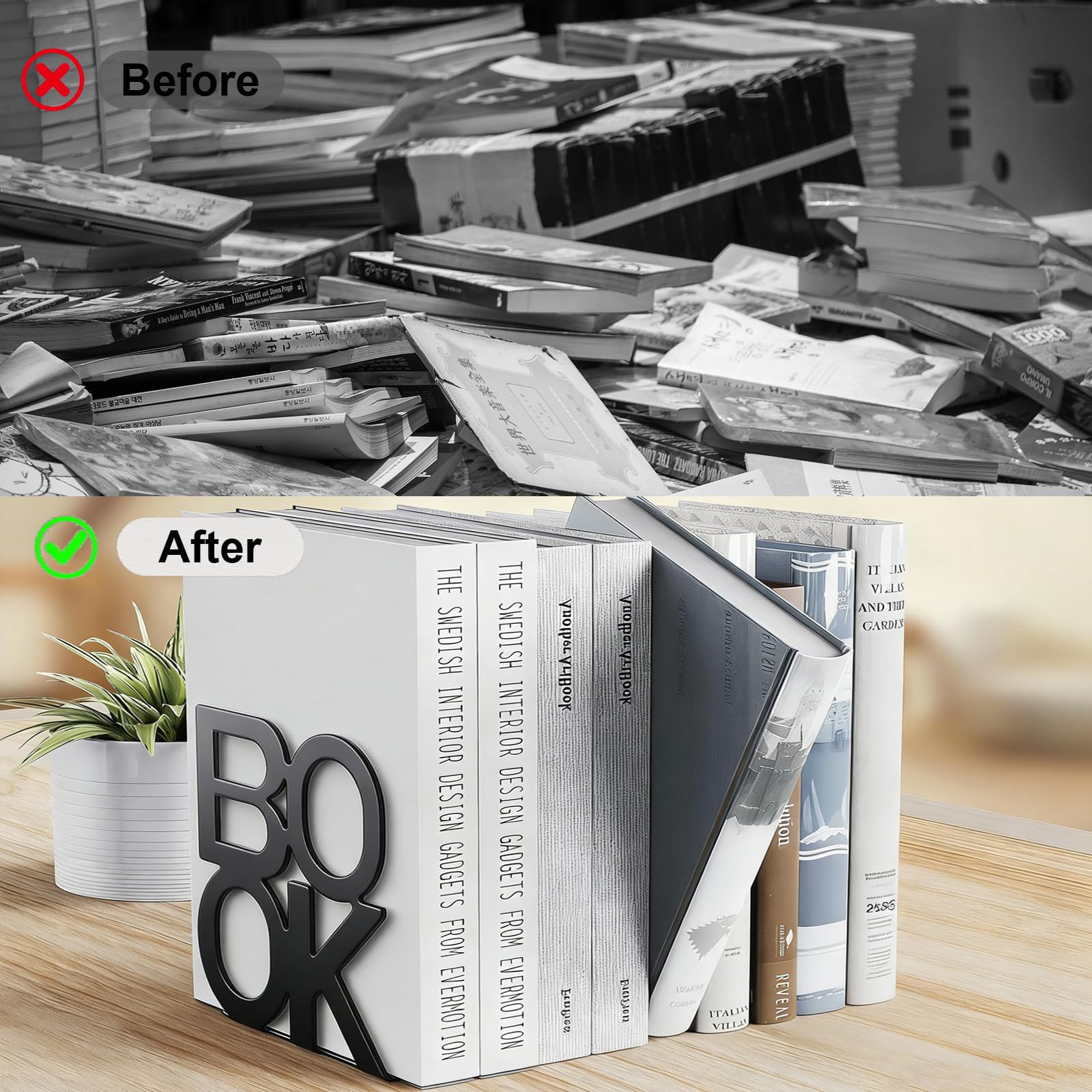 4 Paia Fermalibri per Mensole Ferma Libri in Metallo "BOOK" Scaffali per Scrivania Reggilibri per Mensole Antiscivolo Porta libri per Uffici Scuole Casa Librerie Biblioteche (Nero)