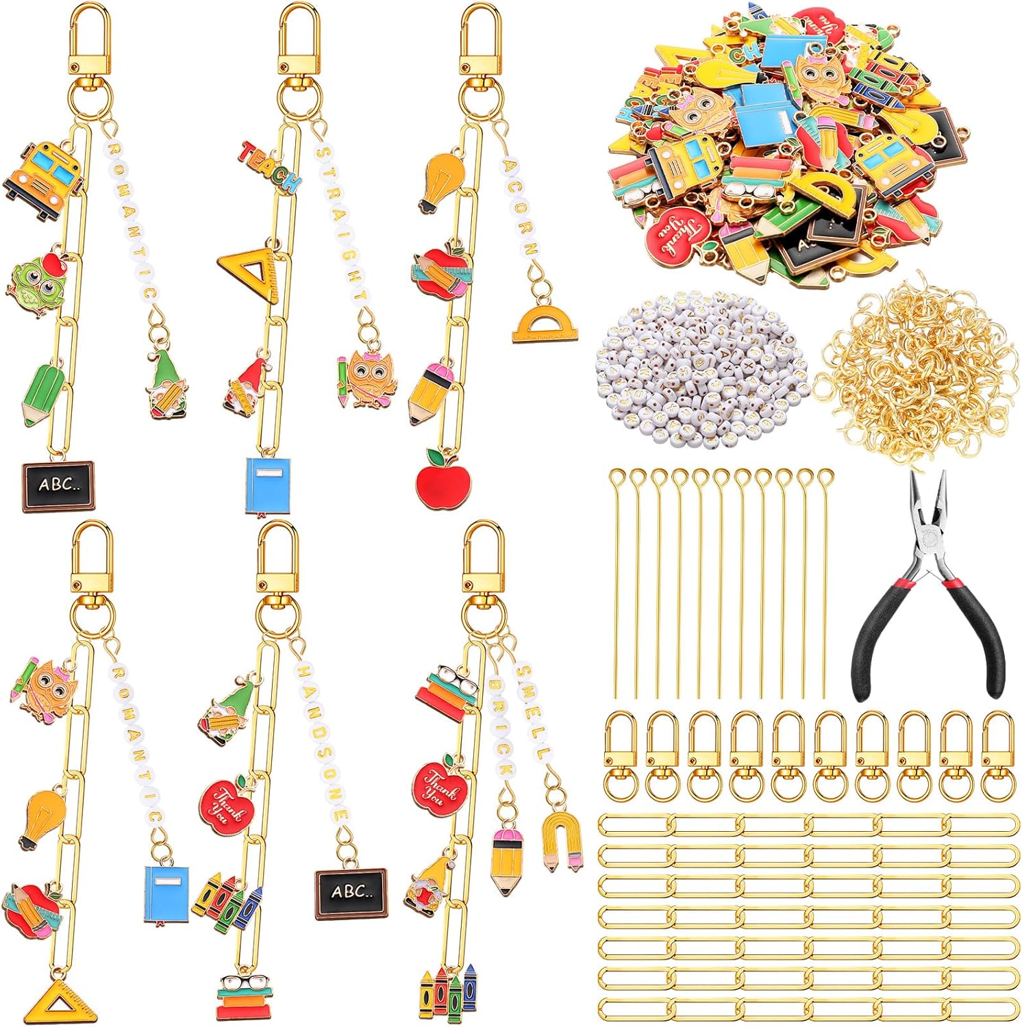 CraftyDream 558 Pcs Teacher Charms Keychain Making Kit Teacher Appreciation Gifts Keychains DIY Back to School Charms Pencil Book Ruler Accessories for Adjustable Letter Beads String Alphabet Jewelry