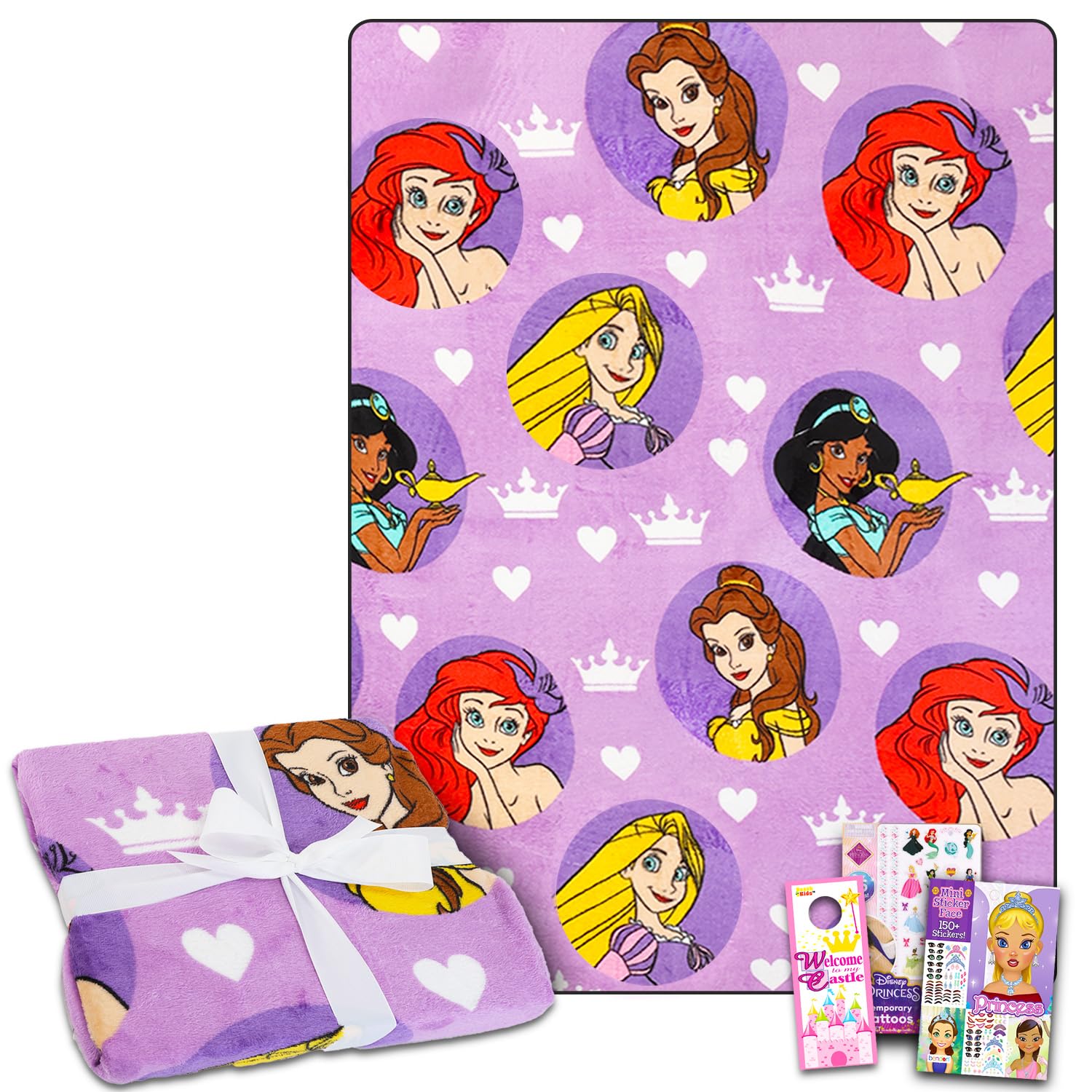 Disney Princess Fleece Blanket Set - Bundle with Soft Disney Princess Blanket Plus Tattoos, More for Kids, Adults, Children | Cozy Disney Princess Fleece Blanket 50" x 70