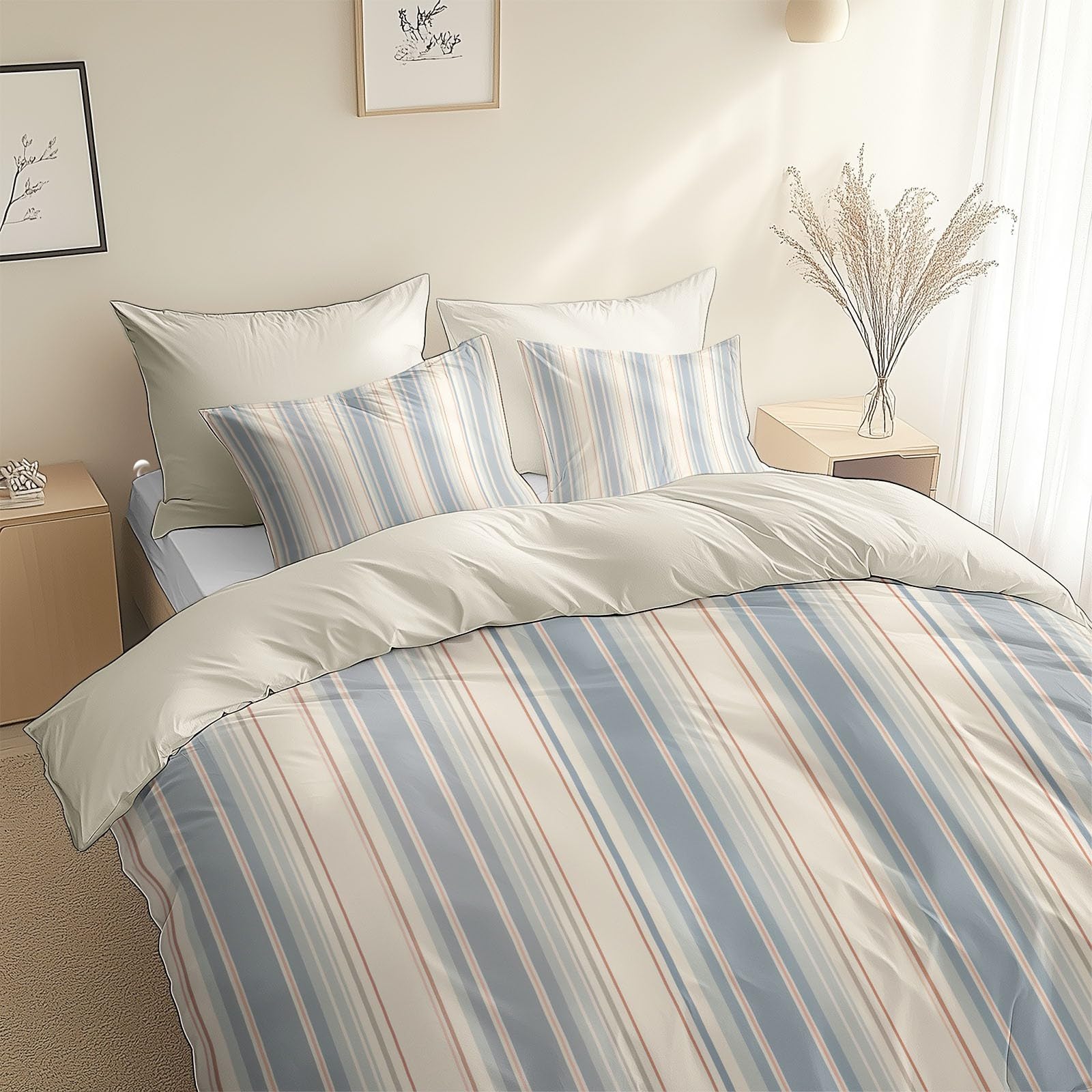 Funda Nordica para Cama 105 Rayas Azules Juego de Ropa de Cama Fundas Nórdicas 180x220 cm Poliéster Algodón, 3 Piezas Juego de Cama Cremallera Funda de Almohada