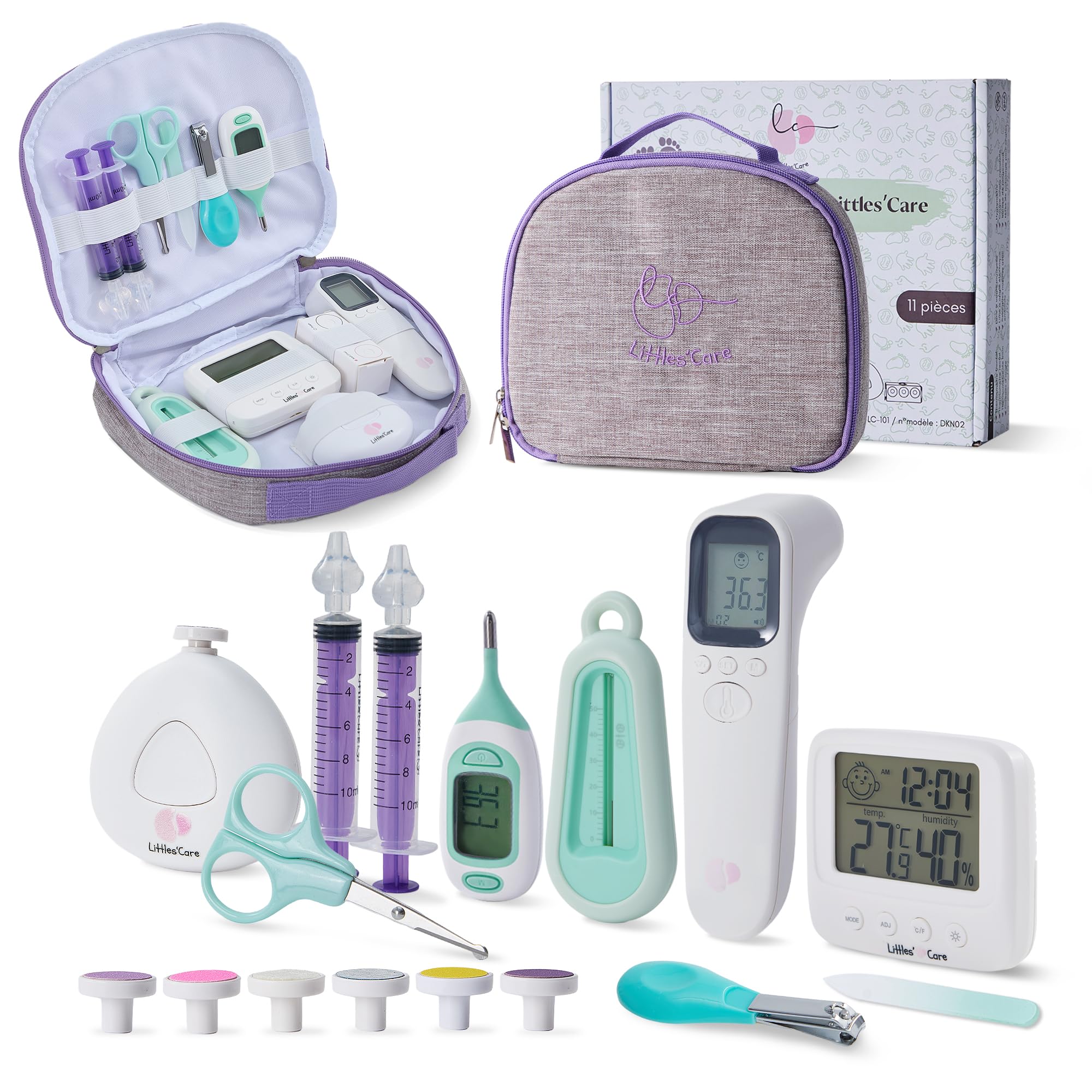 Set de cuidado para bebé + termómetros accesorio + gotero nasal para bebé + termómetro interior + termómetro de baño para bebés + lima para uñas + neceser para bebé regalo de nacimiento
