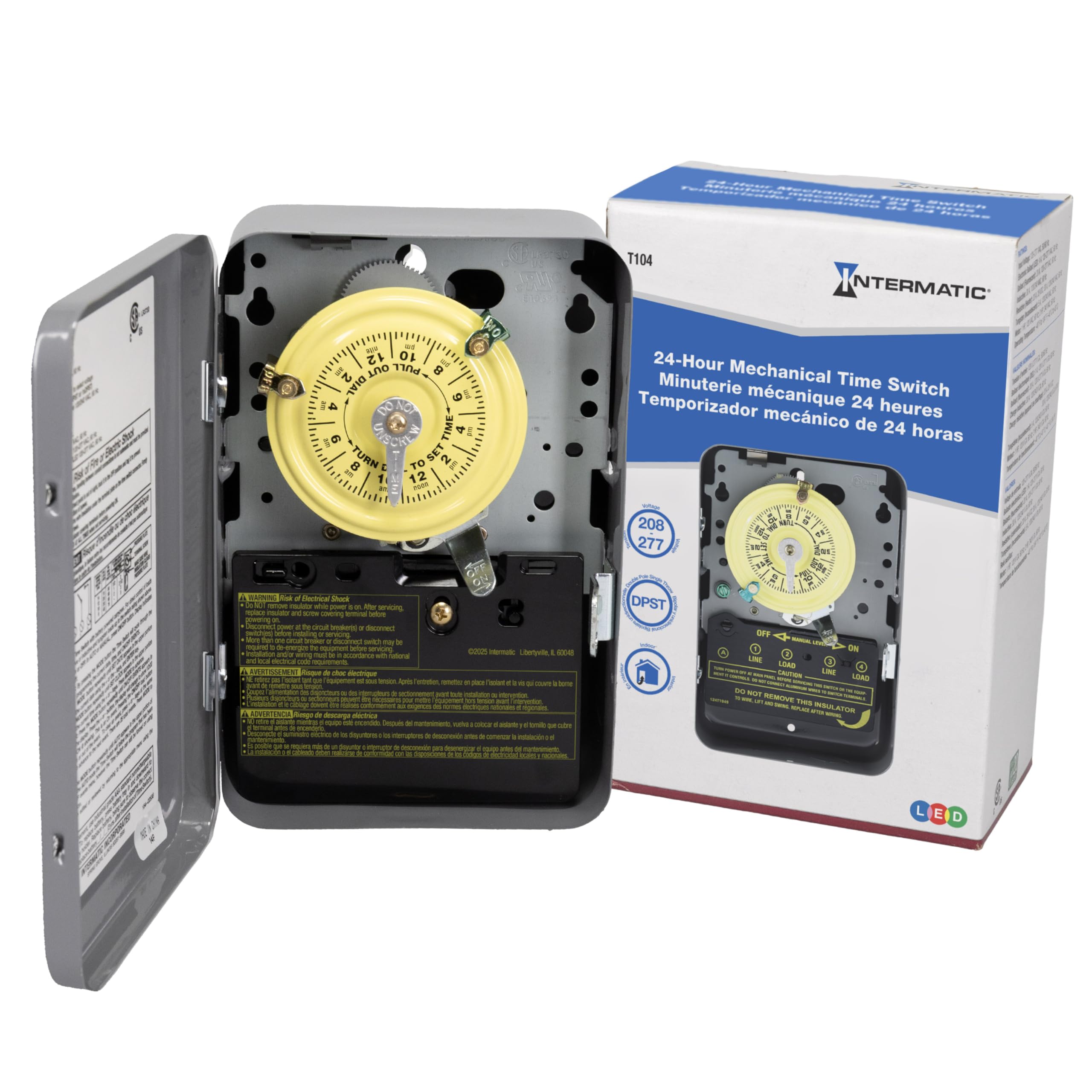 Intermatic T104 24-Hour Mechanical Timer Switch - 208β277 VAC, DPST, Indoor Metal Enclosure, Heavy-Duty, Manual Override, 40 Amp - Ideal for Lights, Pumps, Fans, and HVAC Systems