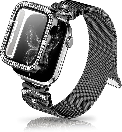 Magnetic Band for Women Compatible with Apple Watch Band 38mm 40mm 41mm 42mm 44mm 45mm 46mm Milanese Stainless Steel Loop with Bling Protective Case, Dressy Metal Strap Replacement iWatch Band