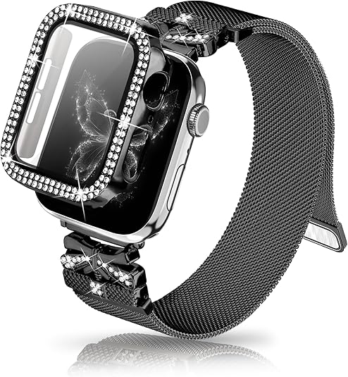 Magnetic Band for Women Compatible with Apple Watch Band 38mm 40mm 41mm 42mm 44mm 45mm 46mm Milanese Stainless Steel Loop with Bling Protective Case, Dressy Metal Strap Replacement iWatch Band