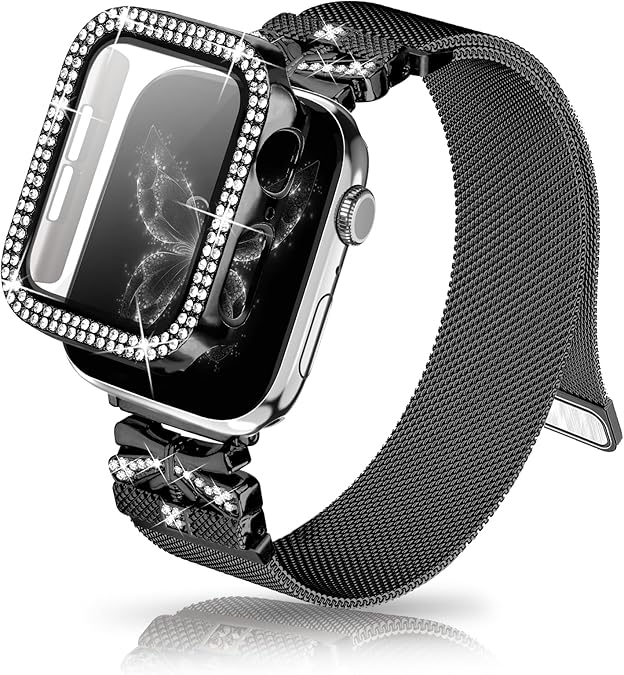 Magnetic Band for Women Compatible with Apple Watch Band 38mm 40mm 41mm 42mm 44mm 45mm 46mm Milanese Stainless Steel Loop with Bling Protective Case, Dressy Metal Strap Replacement iWatch Band