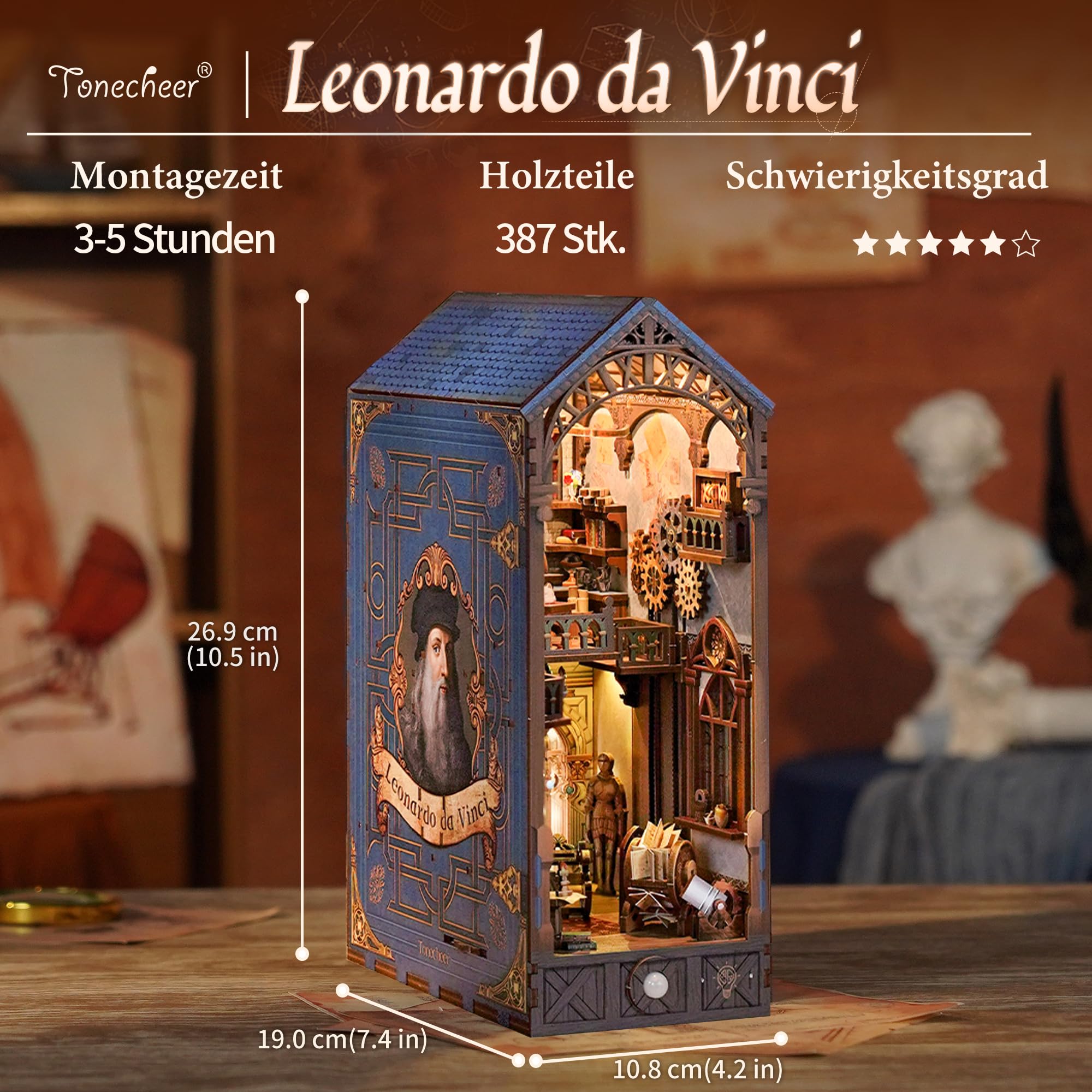 Tonecheer Kit fai da te Book Nook con Protezione Antipolvere e luce LED, Leonardo da Vinci Puzzle in Legno 3D, Parti Mobili e Rotanti, Fermalibri Creativi per Biblioteca, Idee Regalo per Adulti
