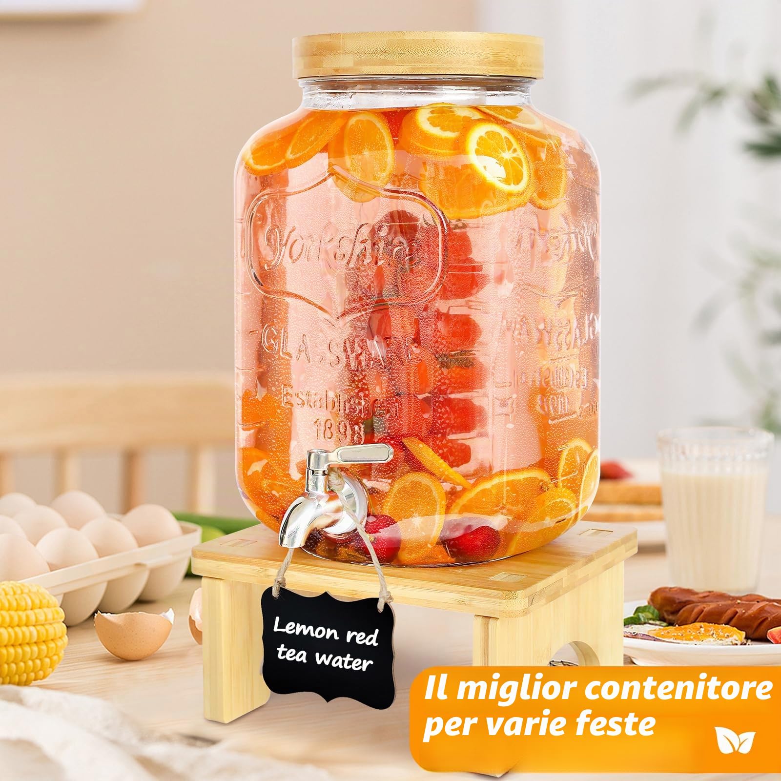 Dispenser per bevande da 7,6 l con supporto, dispenser in vetro con rubinetto in acciaio inox massiccio per succhi ghiacciati, acqua, bevande fatte in casa, feste, matrimoni