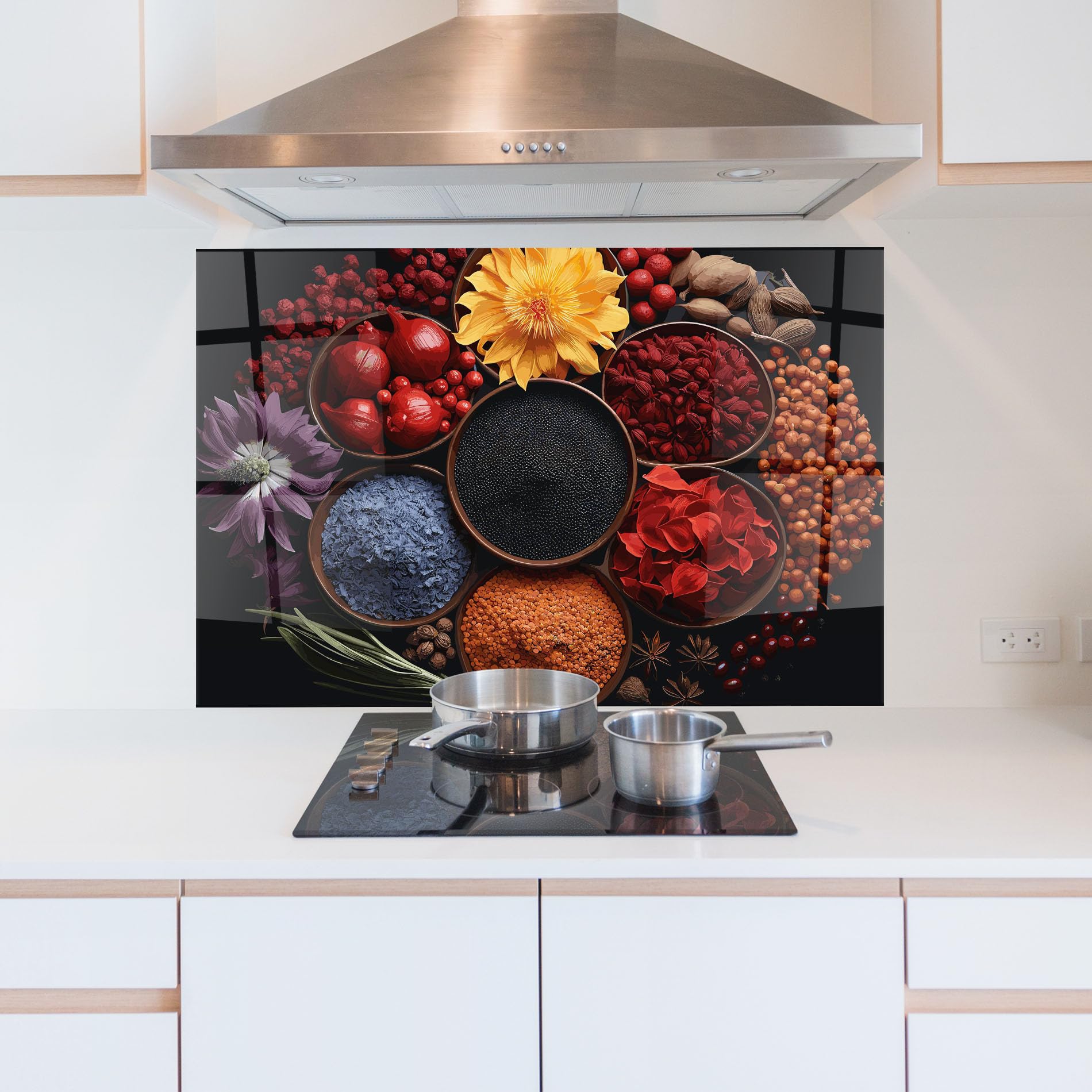 ARTHUB® Szklany panel kuchenny 50x70 cm, Autumn Color Spices | Osłona przed rozpryskami, Lustrzana płytka ścienna, Płyta szklana, Szkło hartowane, Żywność, Przyprawy