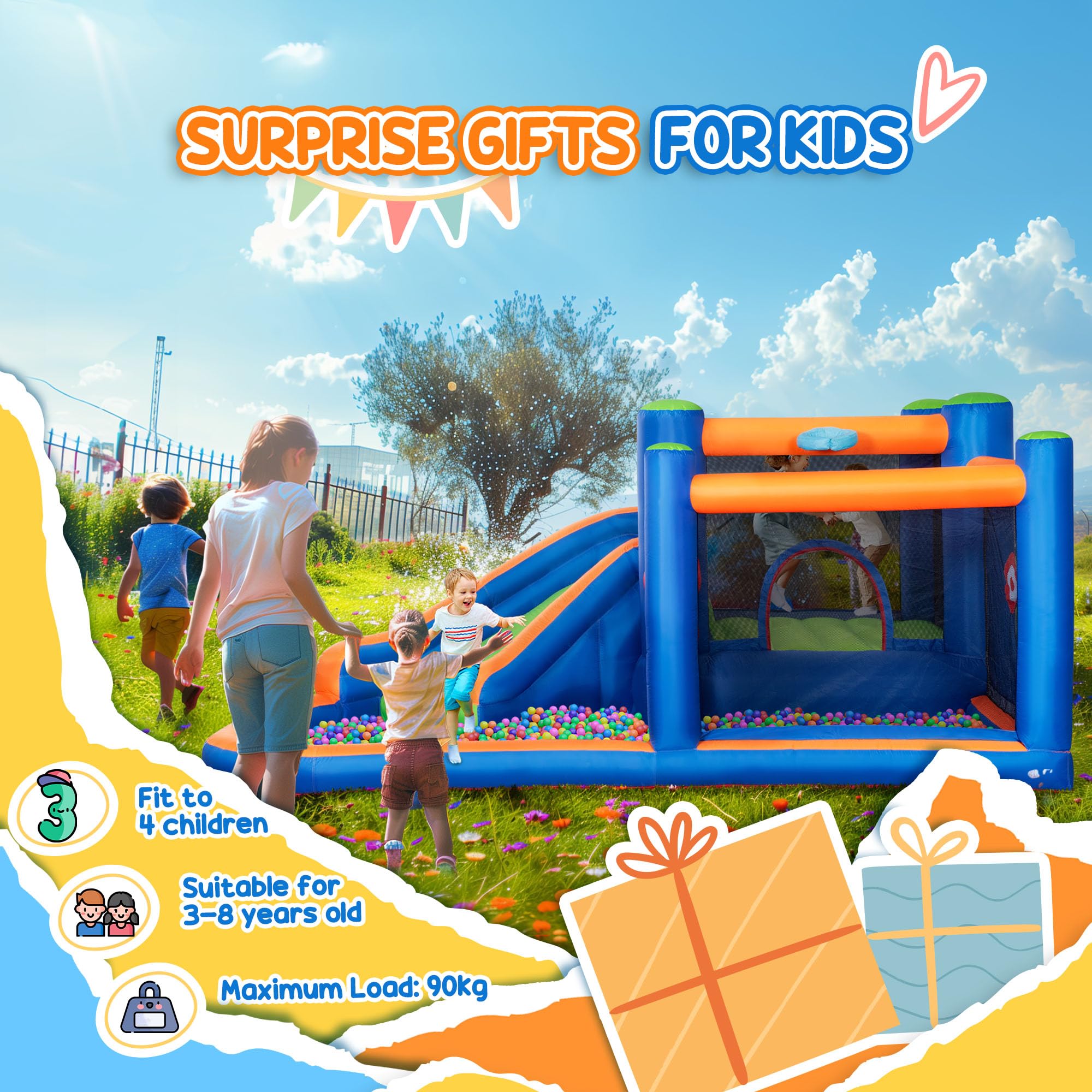 Outsunny Castello Gonfiabile per Bambini 3-8 Anni con Scivolo, 380x340x170cm