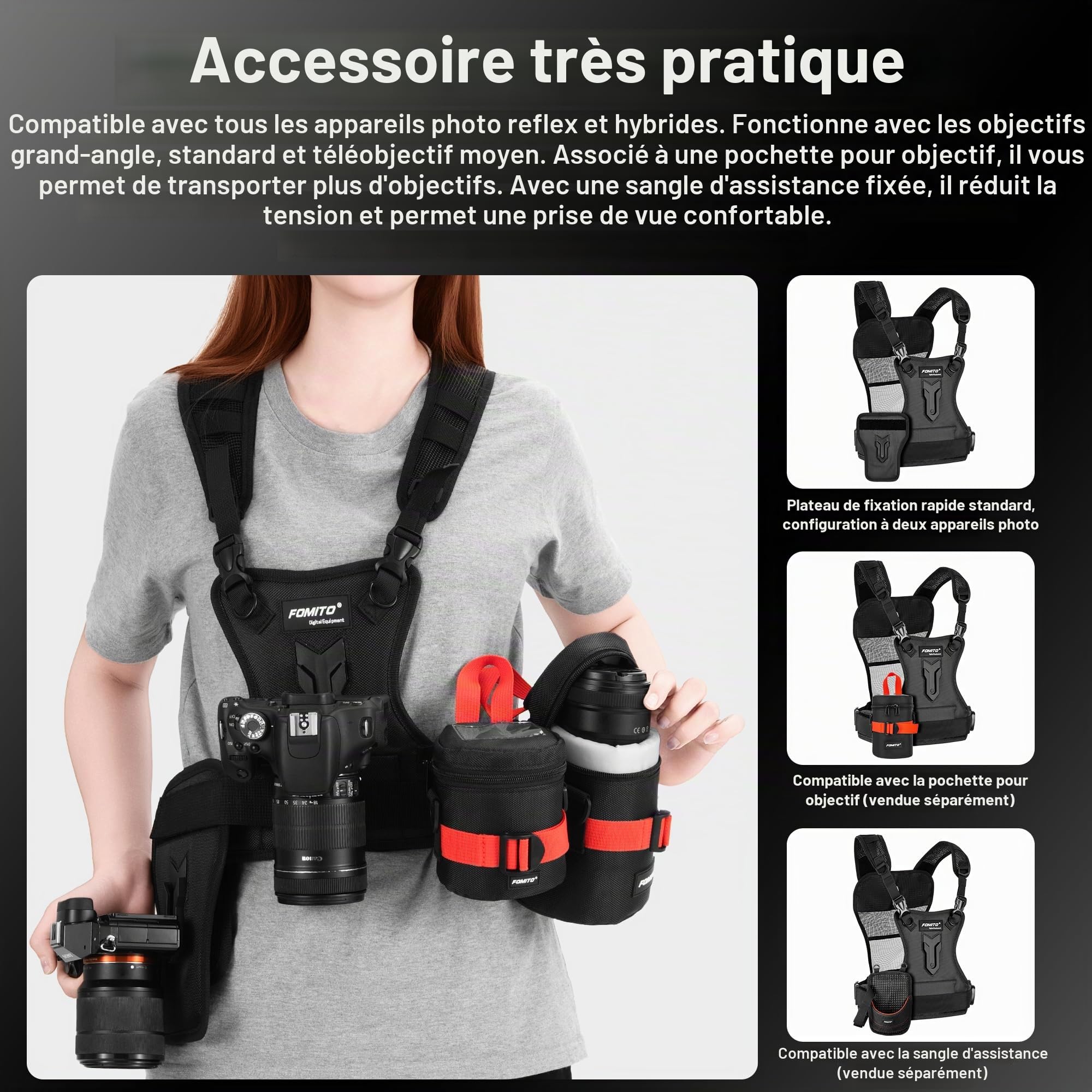 FOMITO Camera Chest Harness System Gilet de transport multi-appareil photo avec étui latéral Gris Compatible avec Canon Nikon Sony Panasonic Olympus DSLR