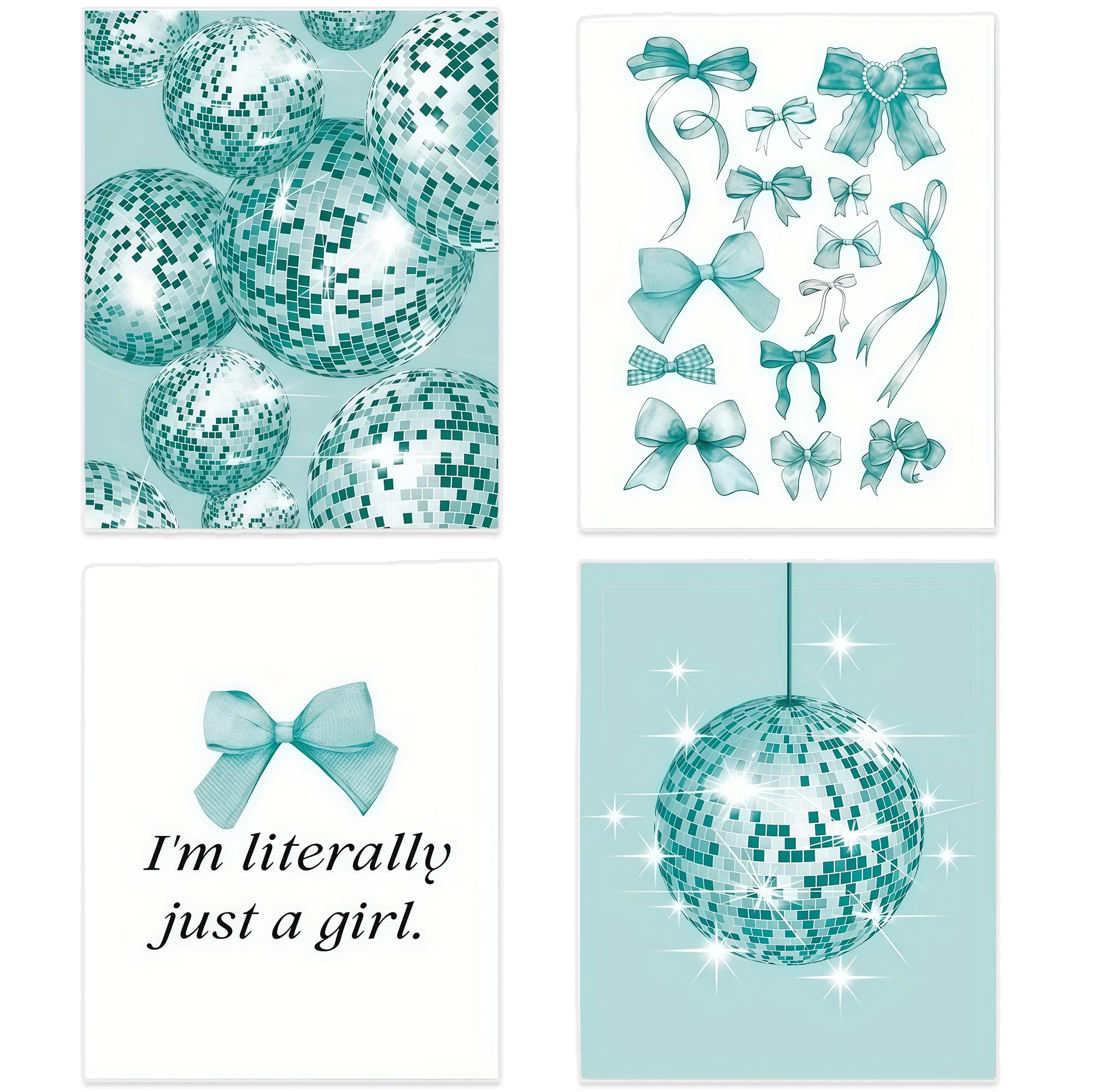 DWUENT Room Decor,Aesthetic Room Decor Set of 4,Mint Green Disco Ball & Bow Canvas Prints, Girls Bedroom Decor,Preppy Unframed Posters for Wall (15x20cm, Oil Painting Canvas)