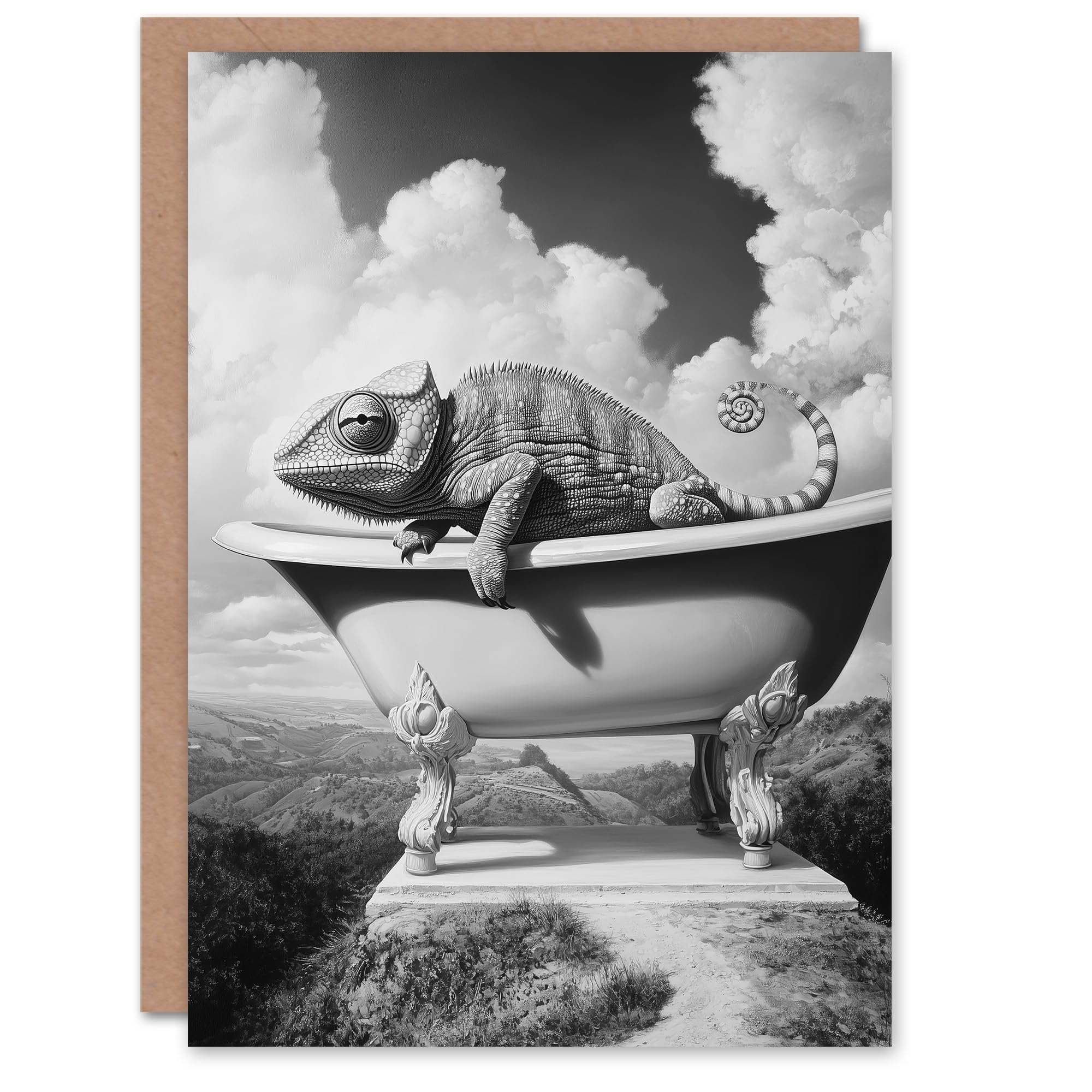 Artery8 Greeting Card Large Chameleon in Bathtub Black White Surreal Blank For Him Or Her Art Birthday Card