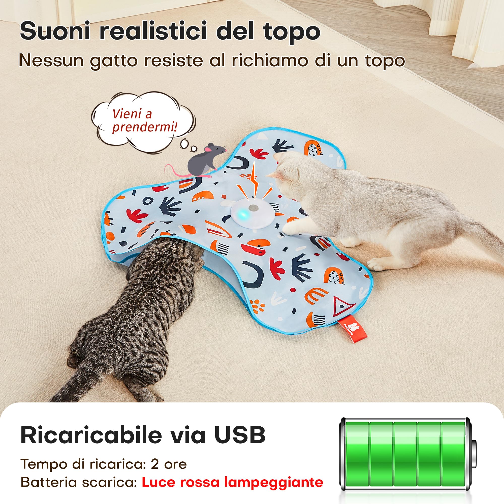 Potaroma Giochi per Gatti Interattivi Ricaricabili – Giocattolo con Piume Nascoste in Movimento, Suono Realistico di Topo, Attivazione al Tocco, per Gattini e Gatti Adulti da Interno Cover Floreale