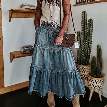 Amazon.com: lcyhony Long Denim Skirt Women Flowy Tiered