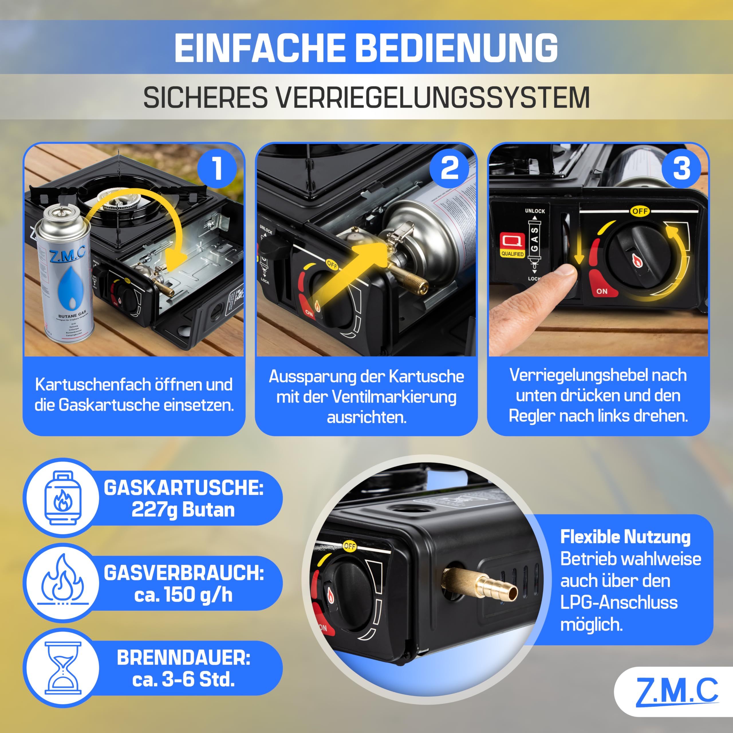 Z.M.C Gaskocher 1-flammig 2,2 kW | Campingkocher mit Piezo-Zündung, Transportkoffer & LPG-Adapter | Optional mit Gaskartuschen 227g & Grillplatte | für Camping, Outdoor & Notfall