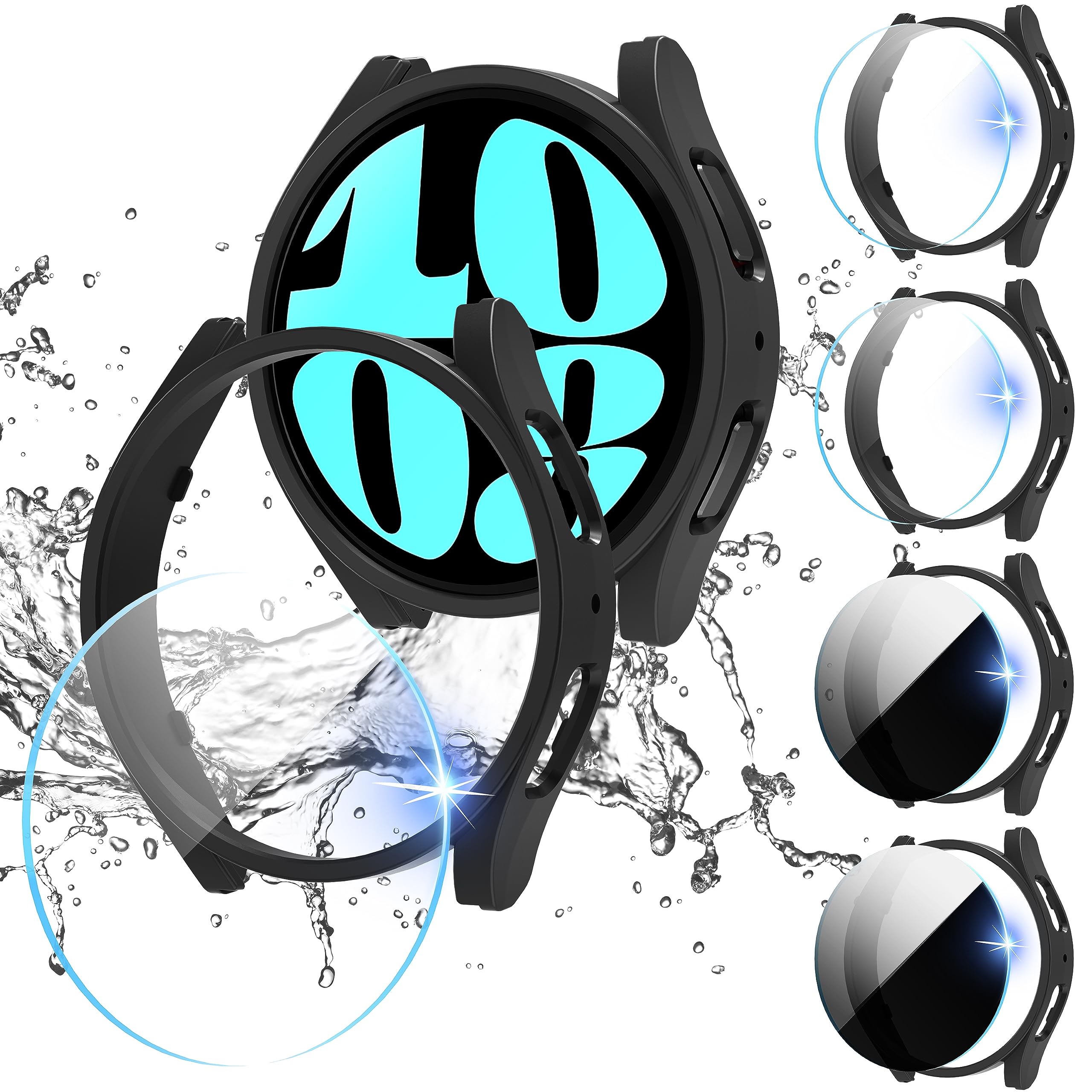 Diruite 4+4 Pieces Case for Samsung Galaxy Watch 6 Classic 47 mm Protective Case, Hollowed Scratch-Resistant PC Case 4 & HD Tempered Glass Screen Protector x 2 + Privacy Screen Protector x 2 for