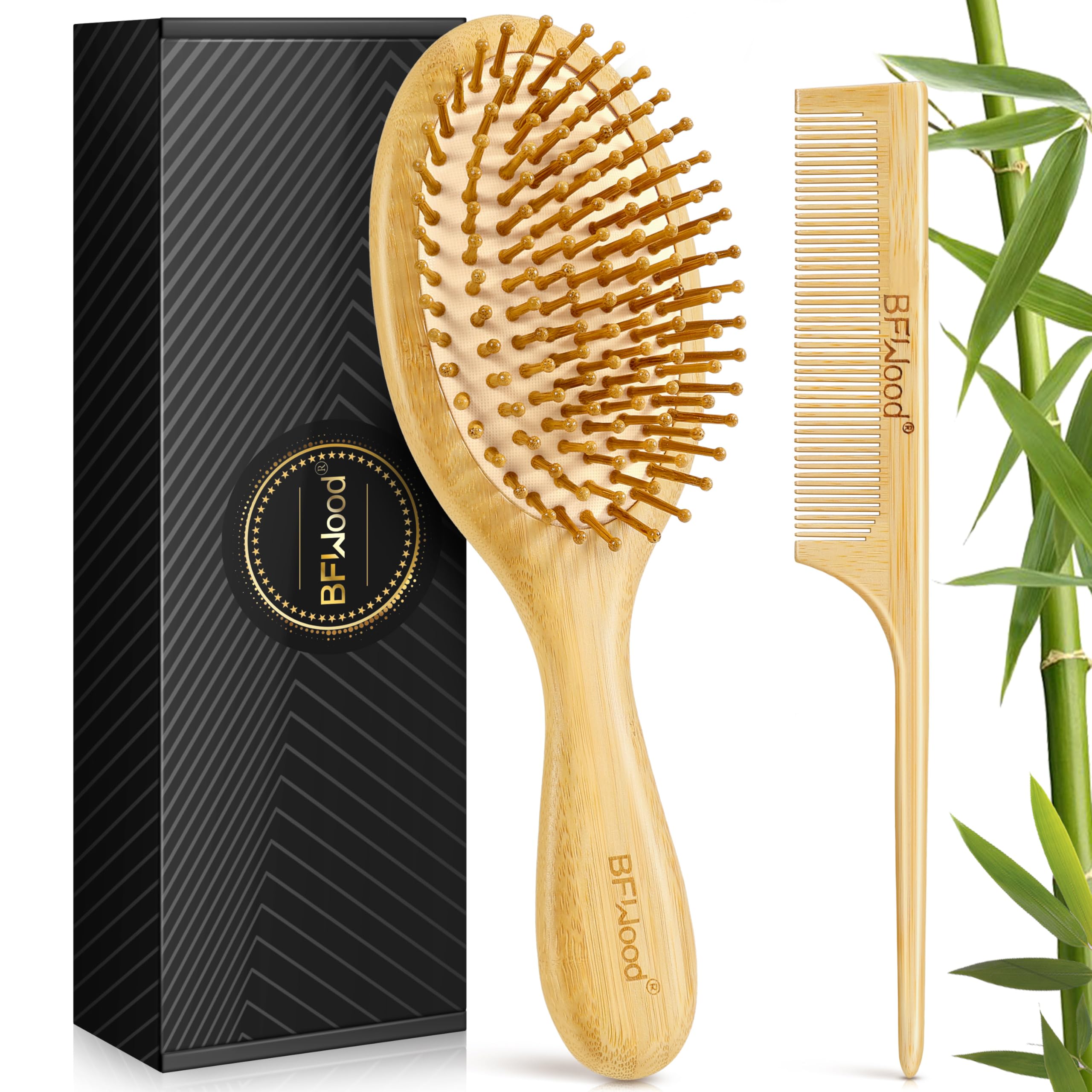 BFWood Bamboo Hair Brush for Hair Growth, Natural Wooden Brush and Detangle Tail Comb Set, Paddle Hairbrush for Massaging Scalp, for Women & Men