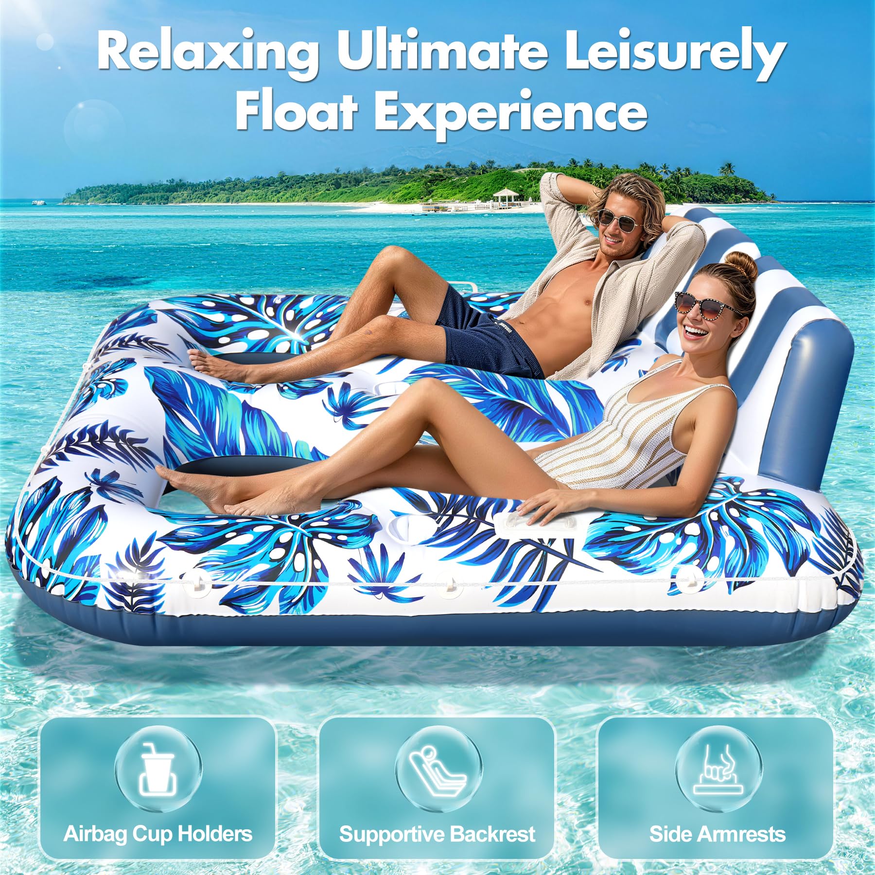 LuxBlue Pool Sessel Aufblasbar 2 Personen, Schwimmsessel für Pools Erwachsene mit Getränkehalter&Griff, Groß Pools Sitz Aufblasbar Luftmatratze Pool mit Netz, Urlaub Luftmatratze Wasser Erwachsene