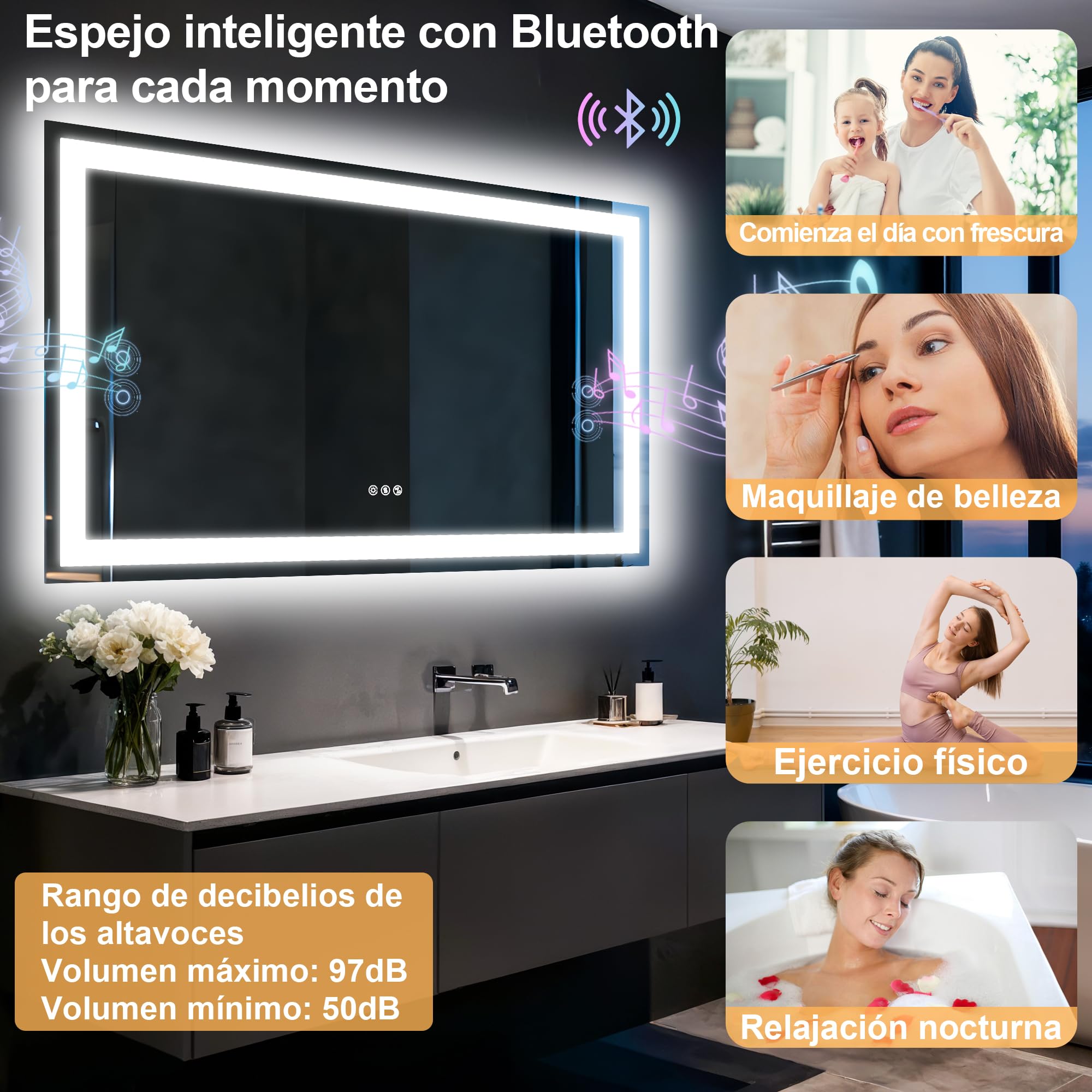 Espejo de baño LED con Luces, Altavoz Dual Bluetooth 100x70 cm, antivaho, 3 temperaturas de Color, Brillo Regulable, función de Memoria, Impermeable, diseño de Montaje en Pared, Vidrio Templado