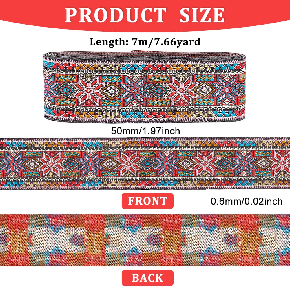 Wstążka tkana żakardowa, Taśma żakardowa do szycia, dekoracyjna, 5 m x 50 mm, styl etniczny, wielokolorowa(Red)