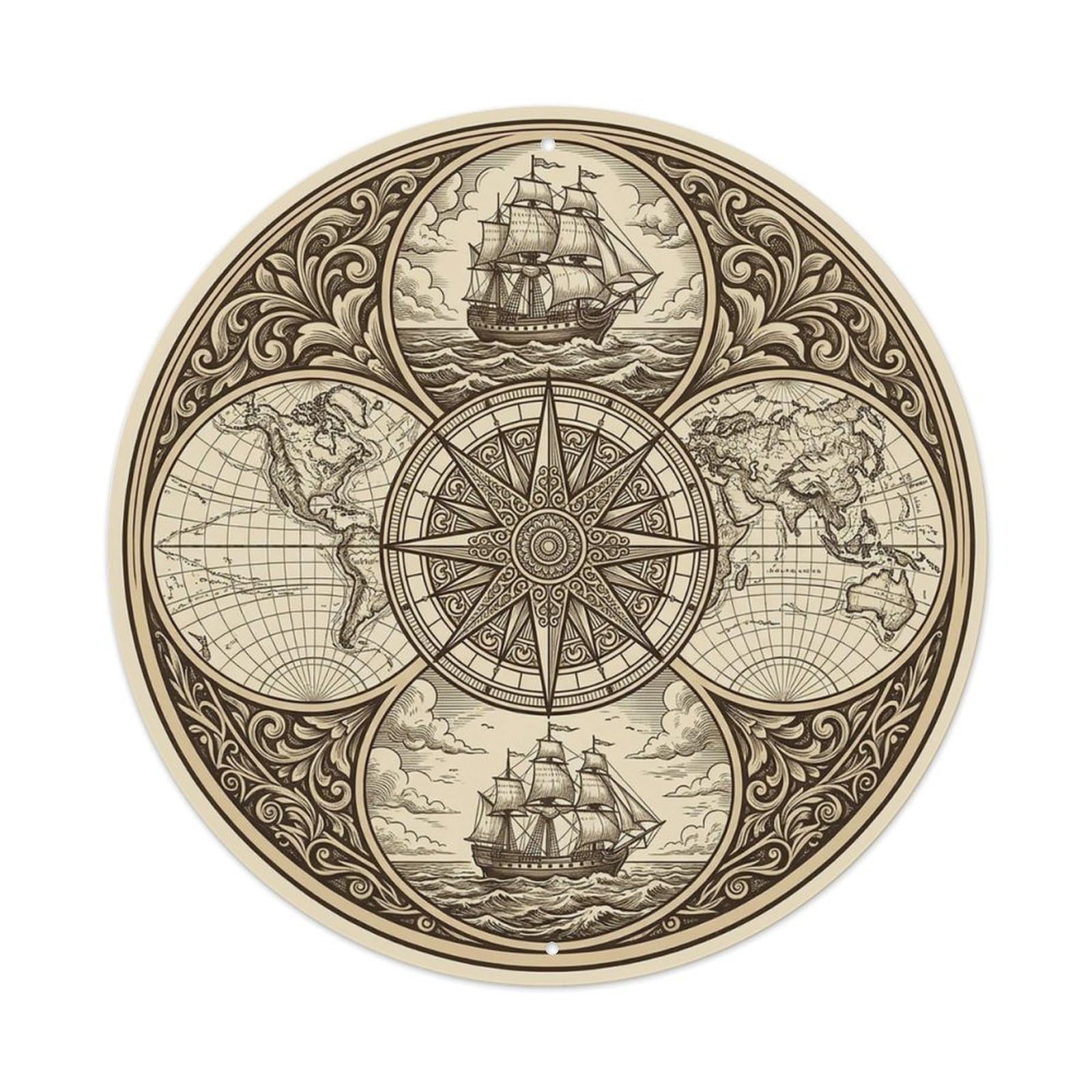 Vintage Nautical Compass World Map Drifting Legacy Metal Tin Sign