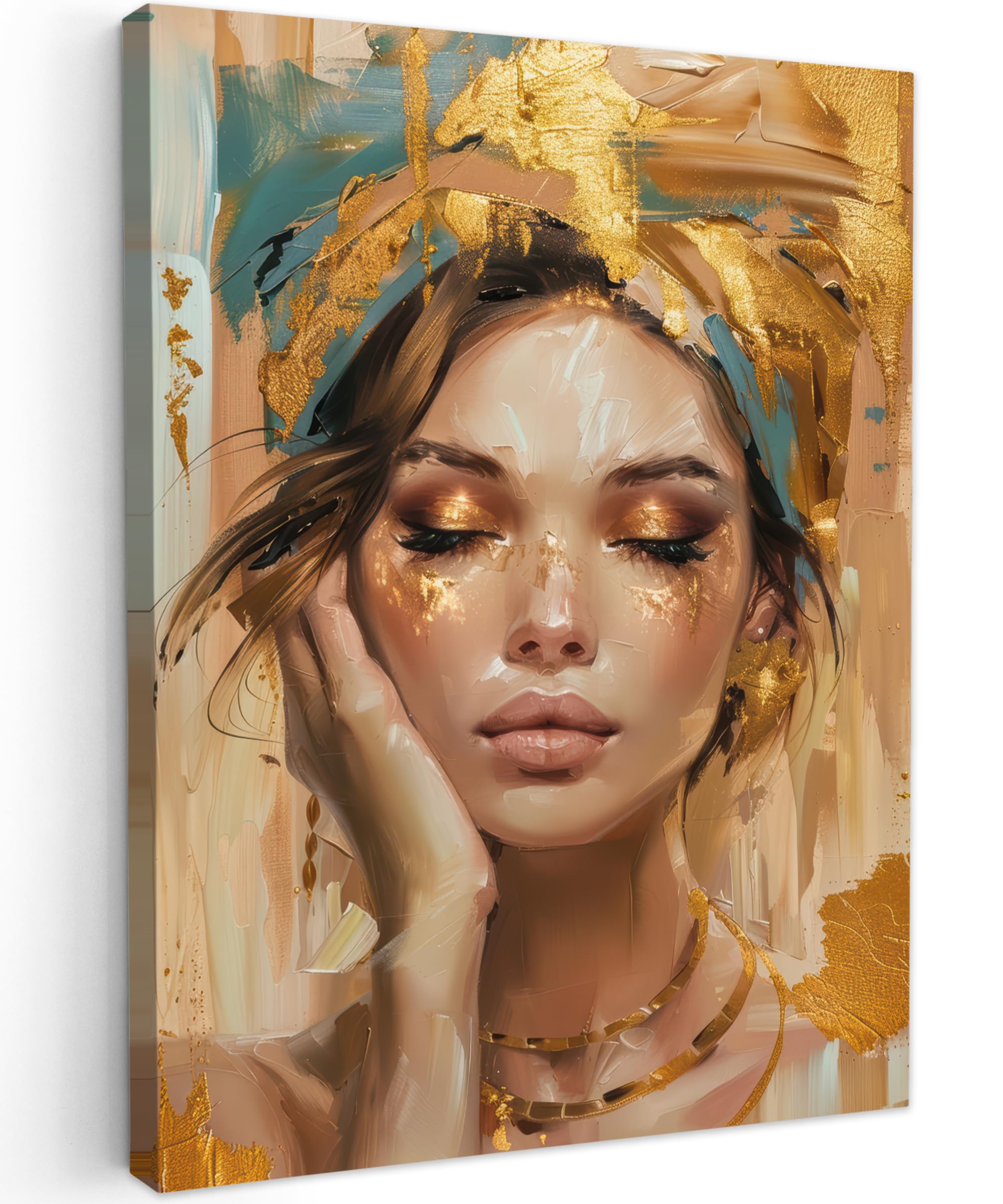 MuchoWow© Canvas Wall Art 20"x28" / 50x70 cm Decor Prints for Living Room Decorative Canvases Hall Artwork Woman - Portrait - Gold - Luxury