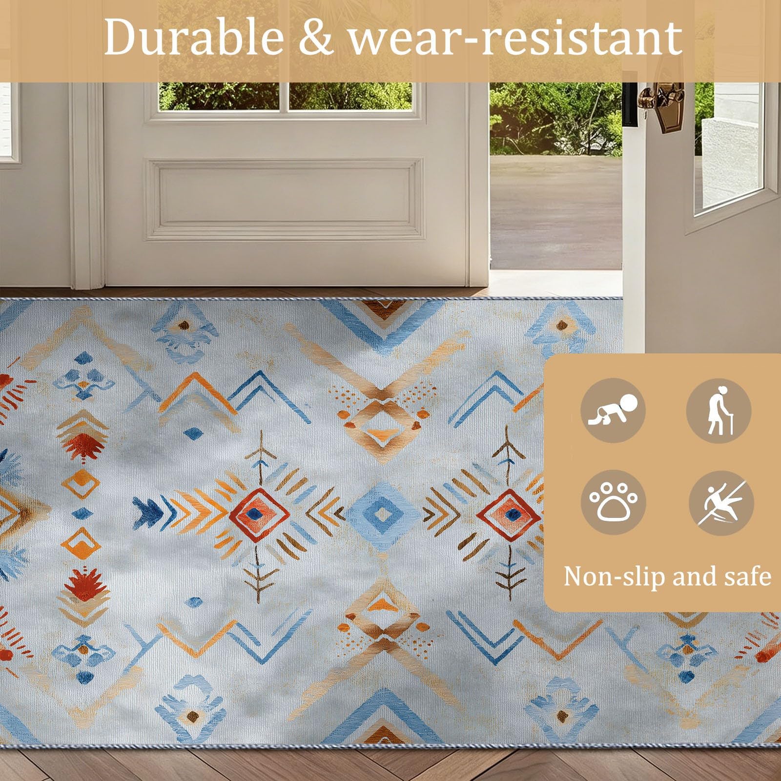 Tapis Entree Interieur 90 x 150 cm Vintage Géométrique Faible Poil Tapis Cuisine Devant Evier Antidérapant et Lavable en Machine Carpet Gris Symbole Symétrique Motif pour Entrée Couloir, Cuisine
