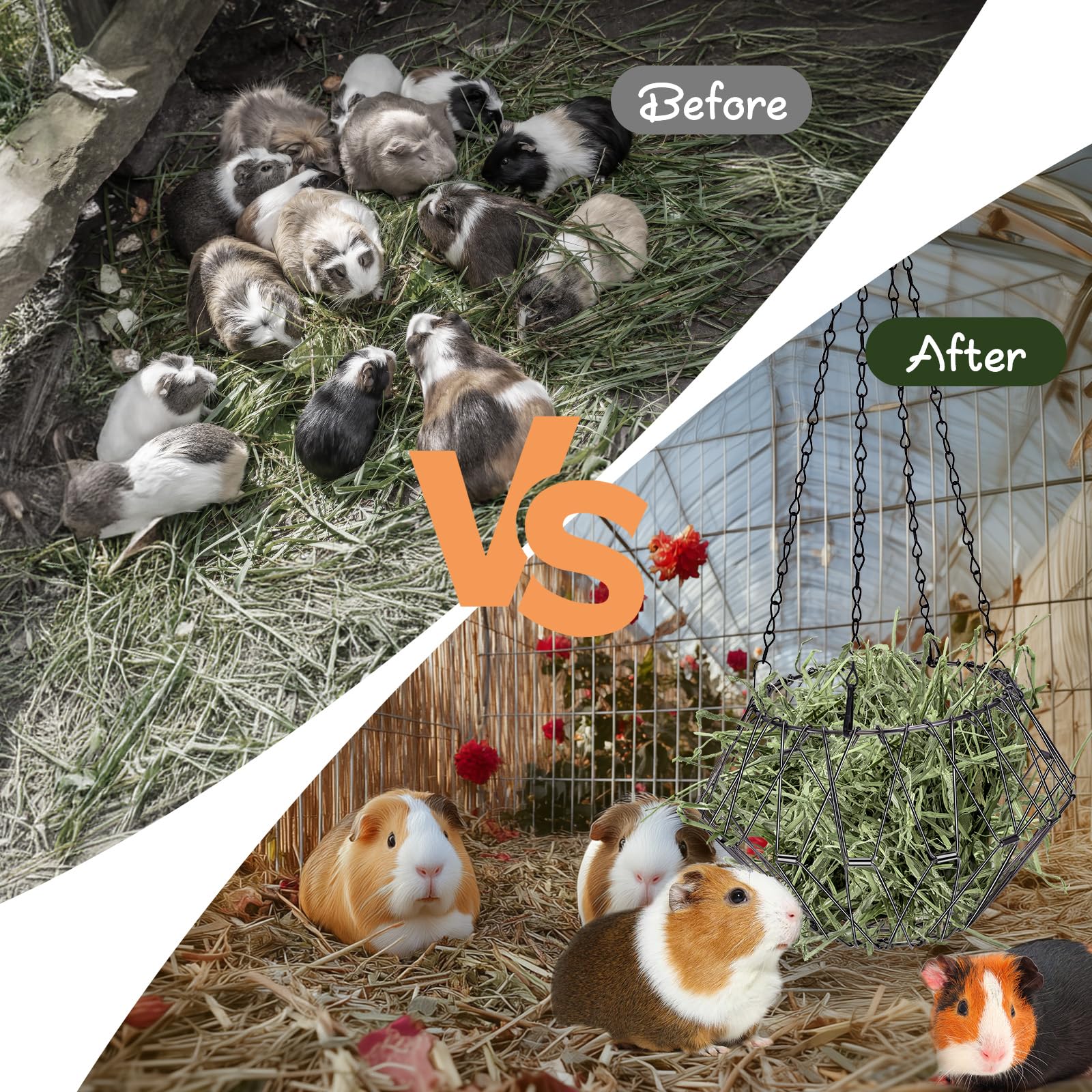 Kaninchen Heuraufe, Hasen Futterstation, Meerschweinchen Spielzeug Zubehoer, Food-Ball mit Meerschweinchen Haus aus Holz Mit Hängematte, 2 Rampe, Versteck für Zwerg Hamster Rennmäuse