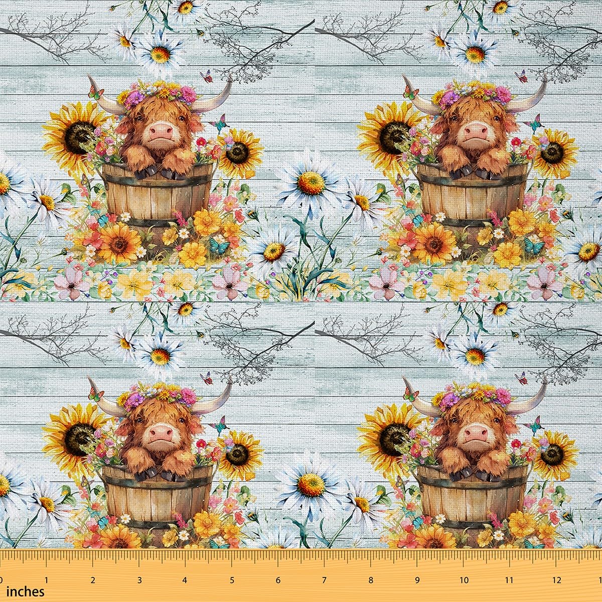 Loussiesd Highland Cow Fabric by The Yard Sunflower Cute Farm Animals Upholstery Fabric for Chairs Vintage Wood Plank Floral Decorative Waterproof Outdoor Fabric Outdoor 5 Yards (L460*W150cm)