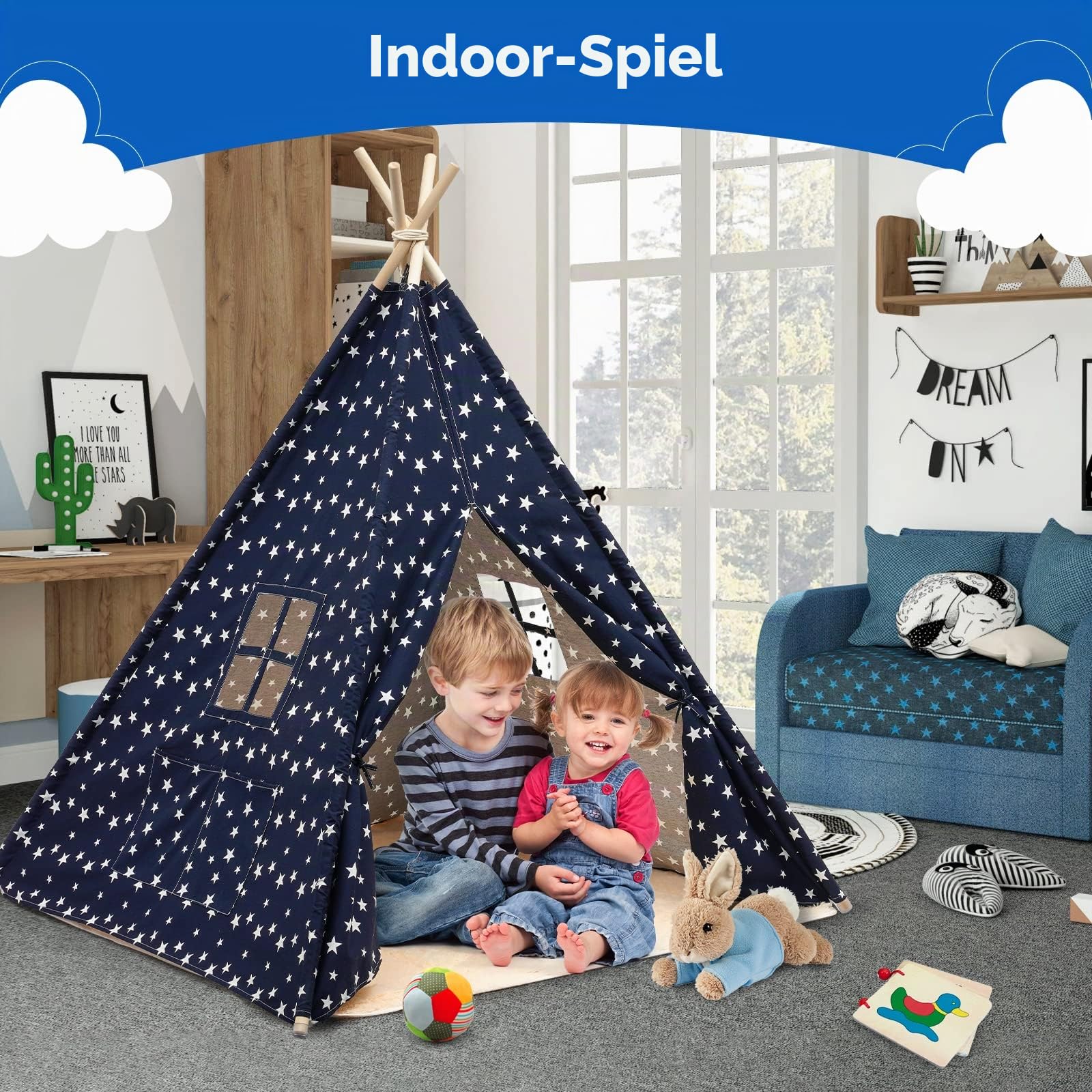 Tipi Spielzelt für Kinder | kinderzelt mit Plüschmatten |kinderzelt für Drinnen, Tipi Kinderzelt für Outdoor- und Indoor-Kinderspaß, (120X120X150cm)