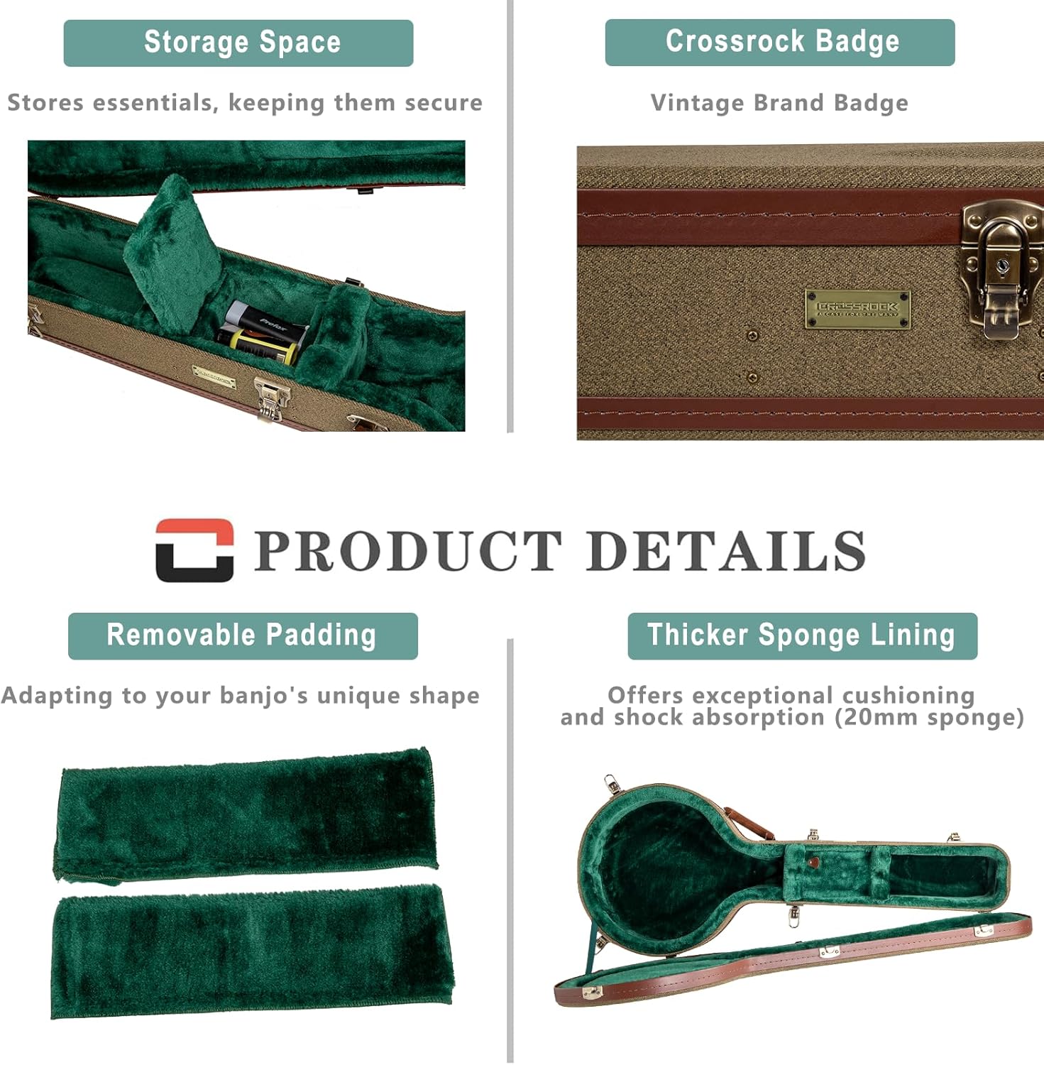 Crossrock Master Series 5-String Resonator Banjo Case | Olive Green Tweed Exterior, Re-Engineered Wooden Shell, Leather Handle(CRW720BJOG)