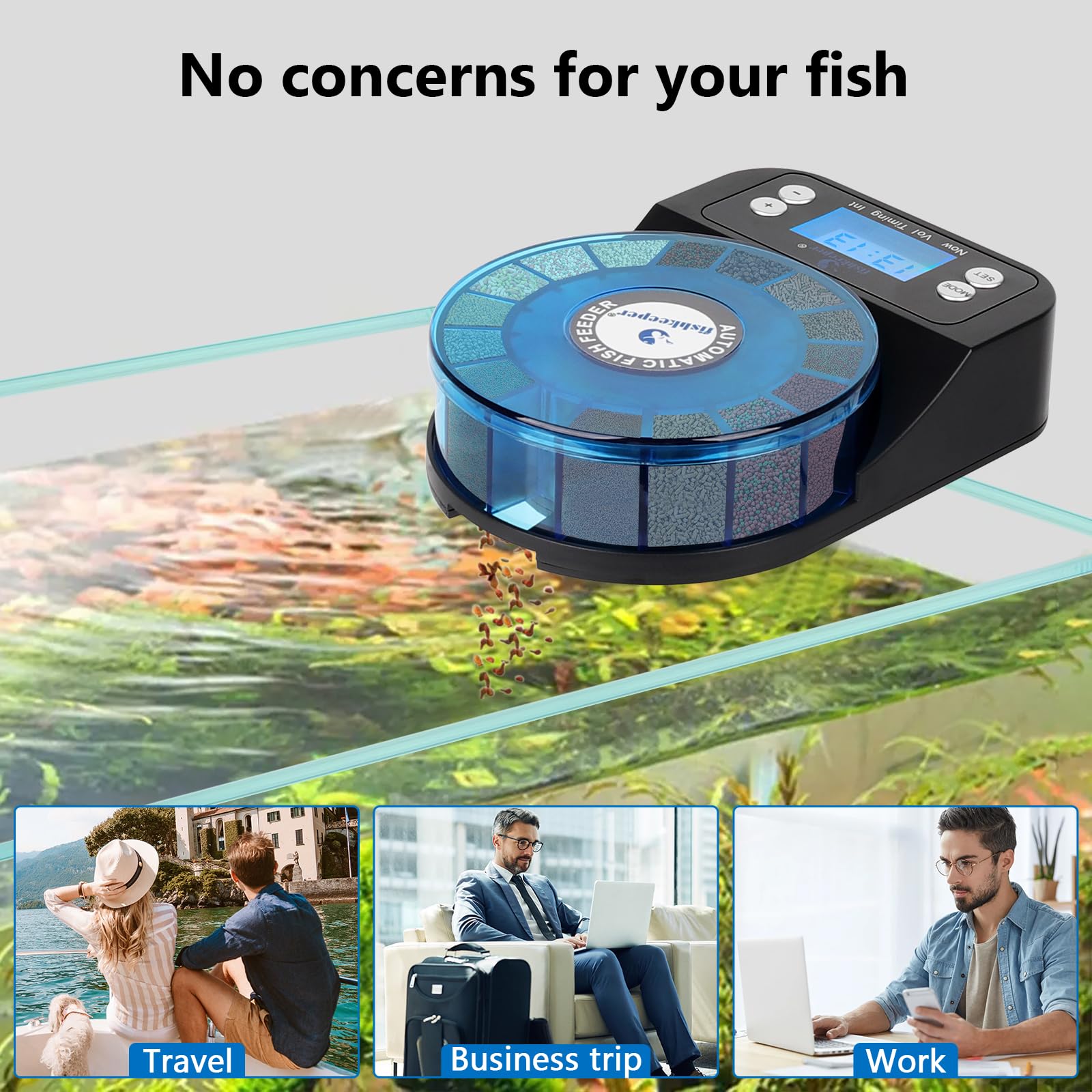 fishkeeper Mangeoire automatique pour poissons pour aquarium – Distributeur automatique de nourriture rechargeable et de précision pour poissons et tortues Betta, anti-humidité et anti-humidité