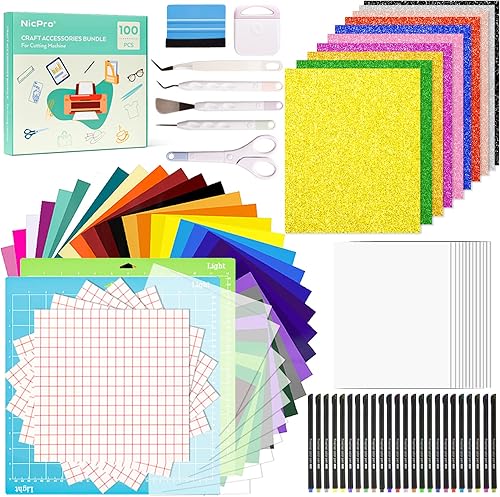 Nicpro Paquete de 100 accesorios para Cricut Maker y All Explore Air, kit de herramientas y accesorios definitivos para principiantes con lámina de