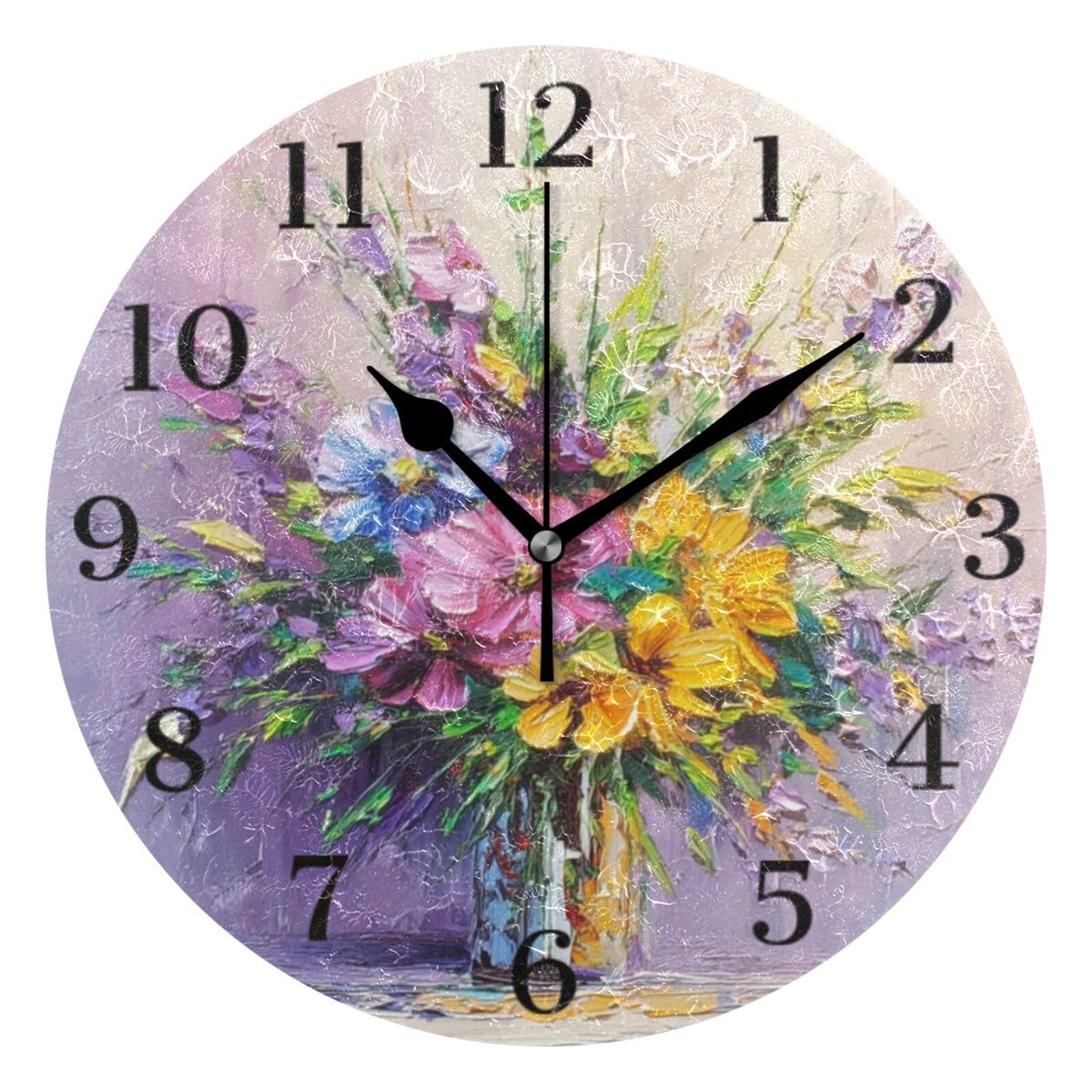 Ensound Wildflower Vase Purple Wall Clock Silent Non-Ticking Battery Operated Clocks 12 Inch for Kitchen Home Living Room
