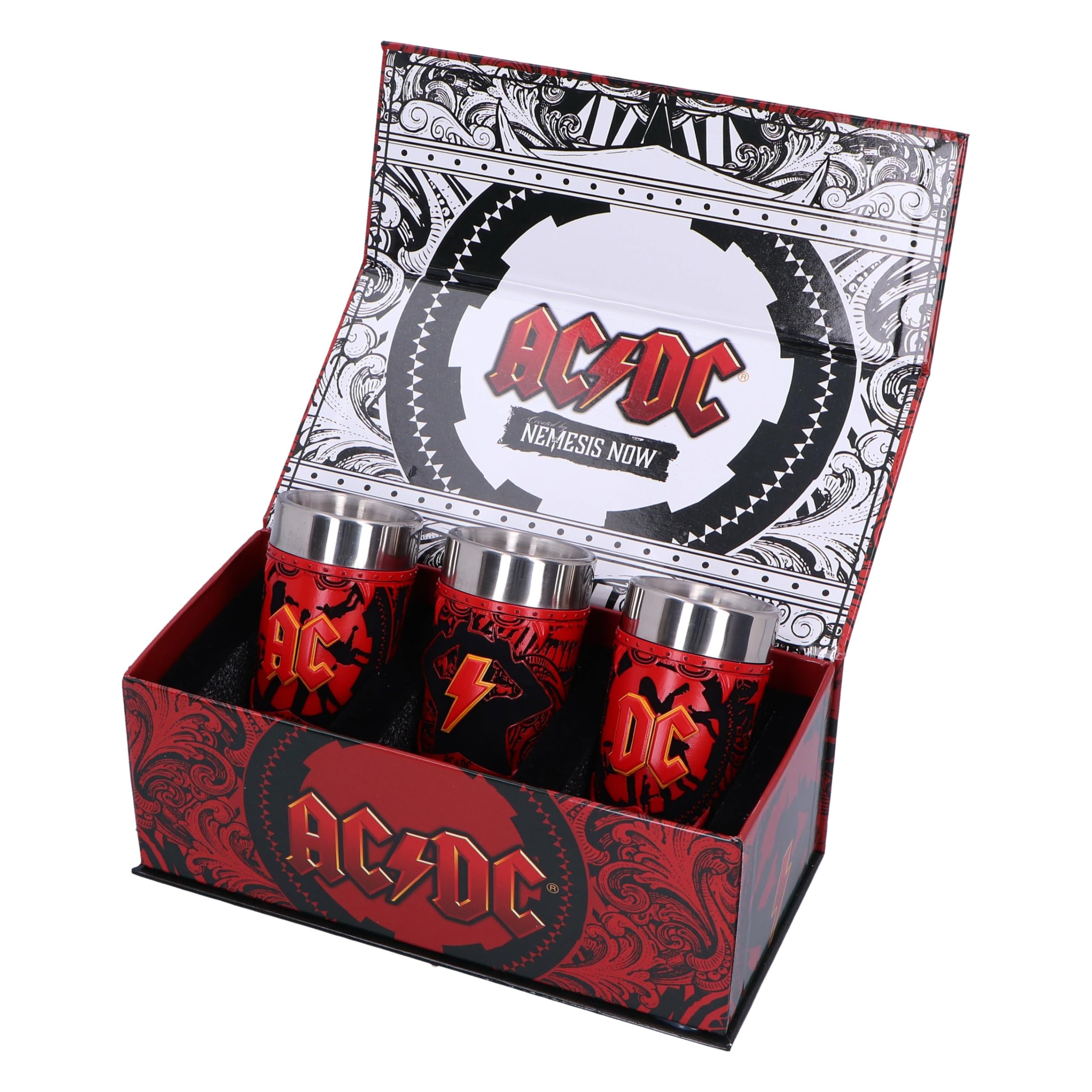 Nemesis Now ACDC-Logo-Set mit 3 Schnapsgläsern, 8,7 cm, Harz, offizielles ACDC-Merchandise, ACDC-Sammelbecher-Set, drei ACDC-Schnapsgläser, gegossen aus feinstem Harz, fachmännisch handbemalt | Handbemalte Rockband-Merchandise, offiziell lizenziertes ACDC