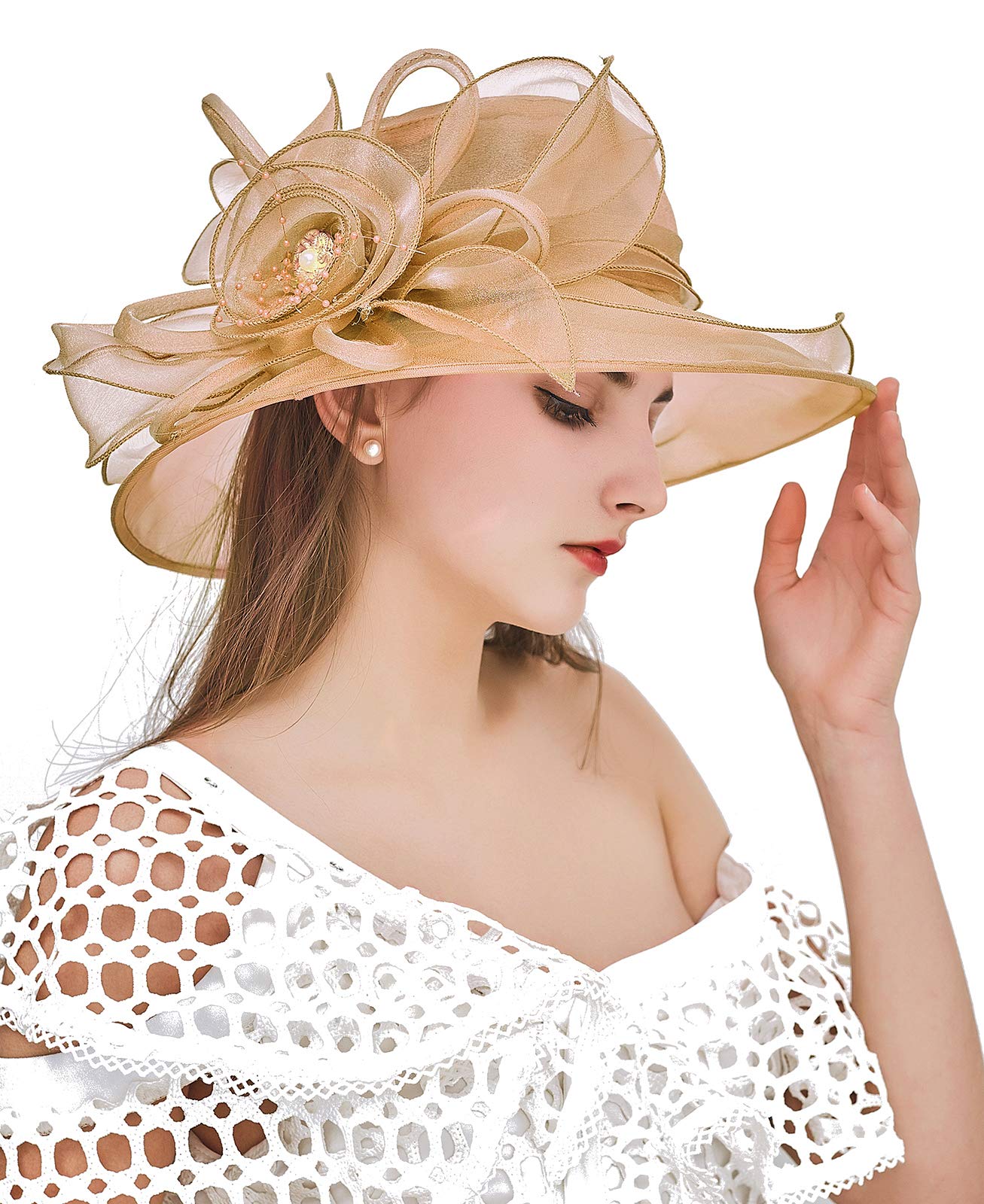 Ellydoor Women's Khaki Kentucky Derby Fascinator Hat Organza Church Wedding Hat Wide Brim Cocktail Tea Party Hat