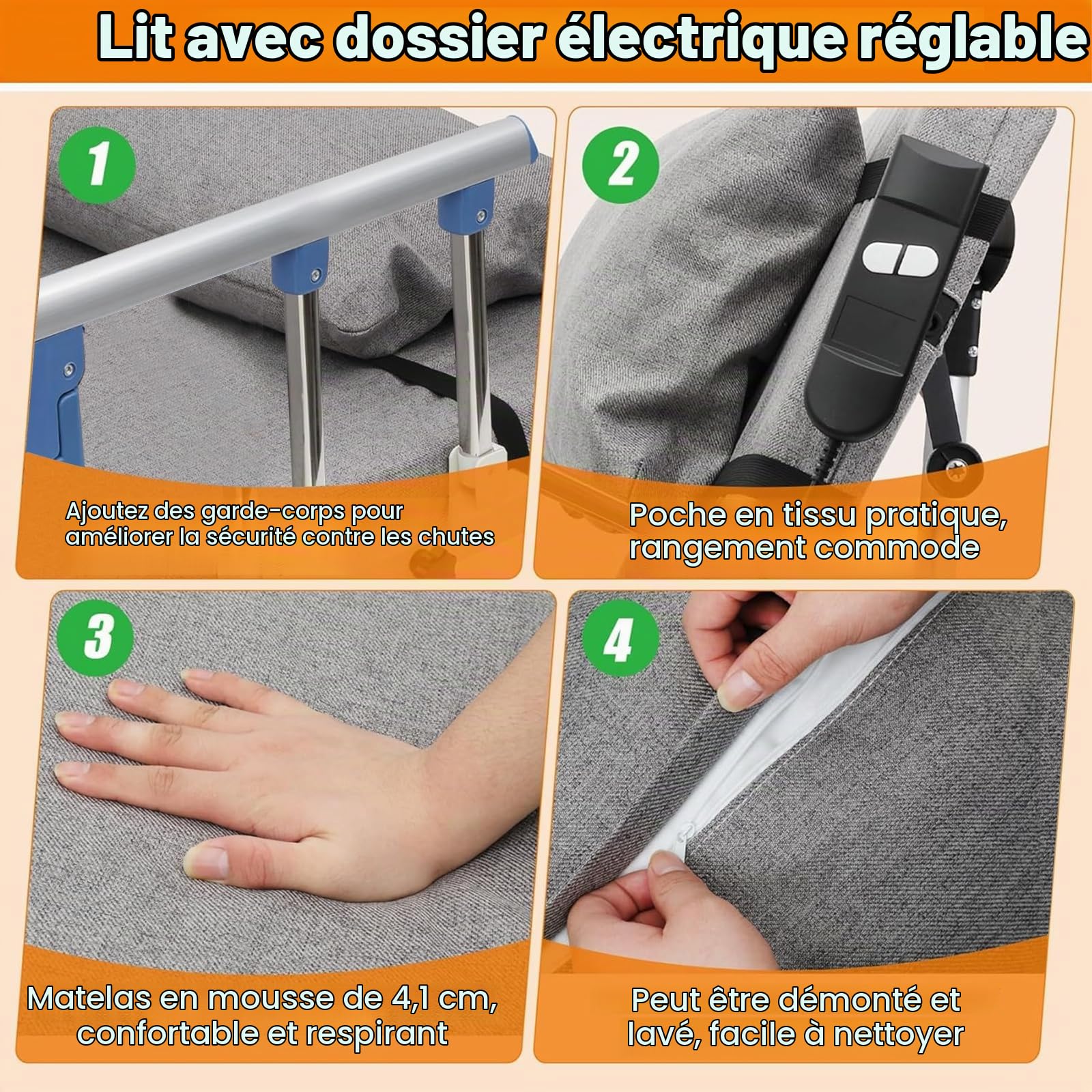 Dossier de lit électrique, Dossier de lit électrique avec télécommande, Dossier de lit réglable pour Aider Les Personnes âgées à se Lever Facilement, Dossier de lit électrique avec accoudoir