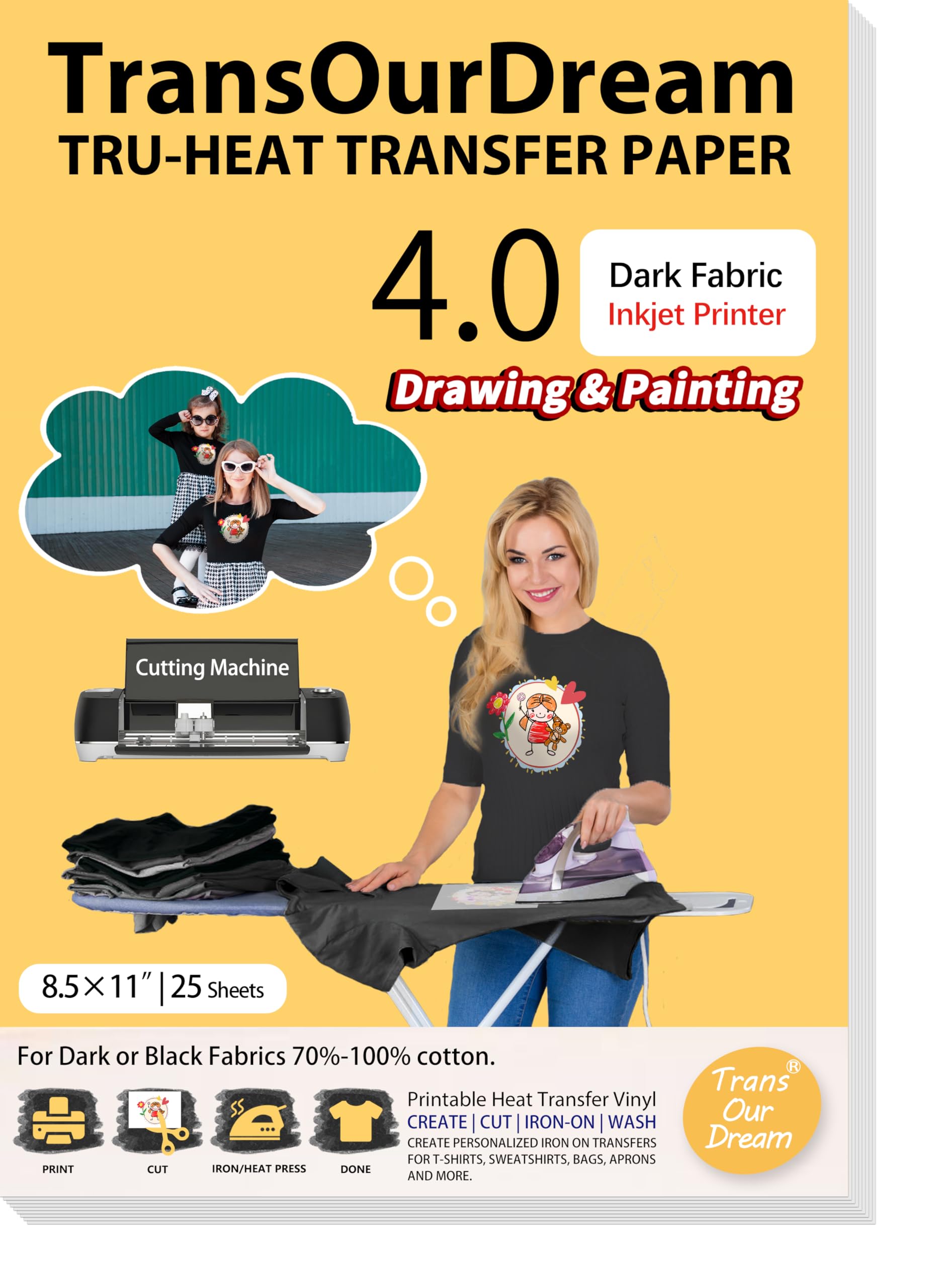 TransOurDream Drawable Heat Transfer Paper for T Shirts (25 Sheets 8.5x11, Dark 4.0) Printable HTV Heat Transfer Vinyl for Inkjet Printer DIY Iron On