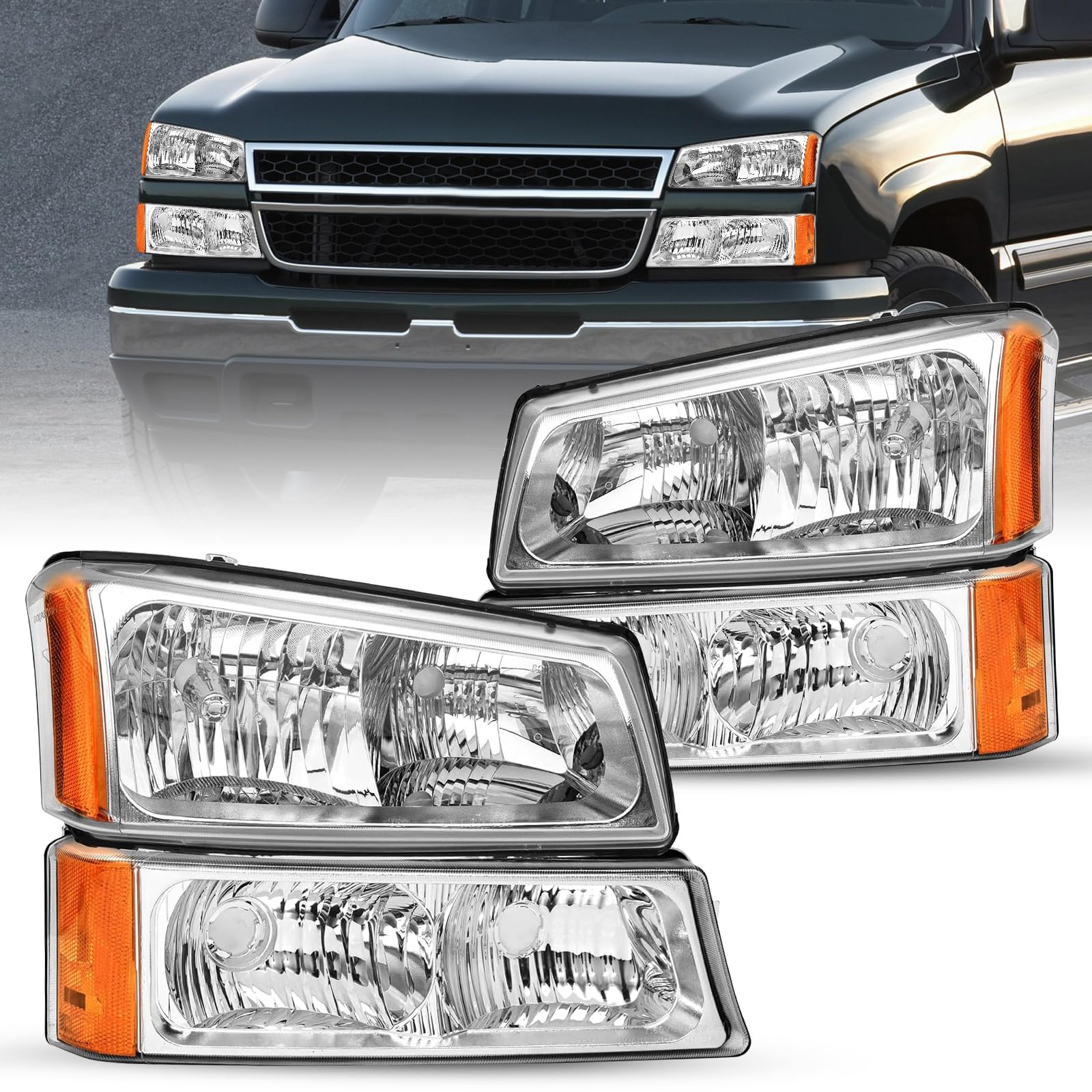 JSBOYAT Headlight Assembly Replacement for 2003-2006 Chevy Avalanche/ 03-07 Chevrolet Silverado 1500 2500 3500 Pickup Headlamp with Bumper Lights - Passenger and Driver Side (Chrome & Amber)