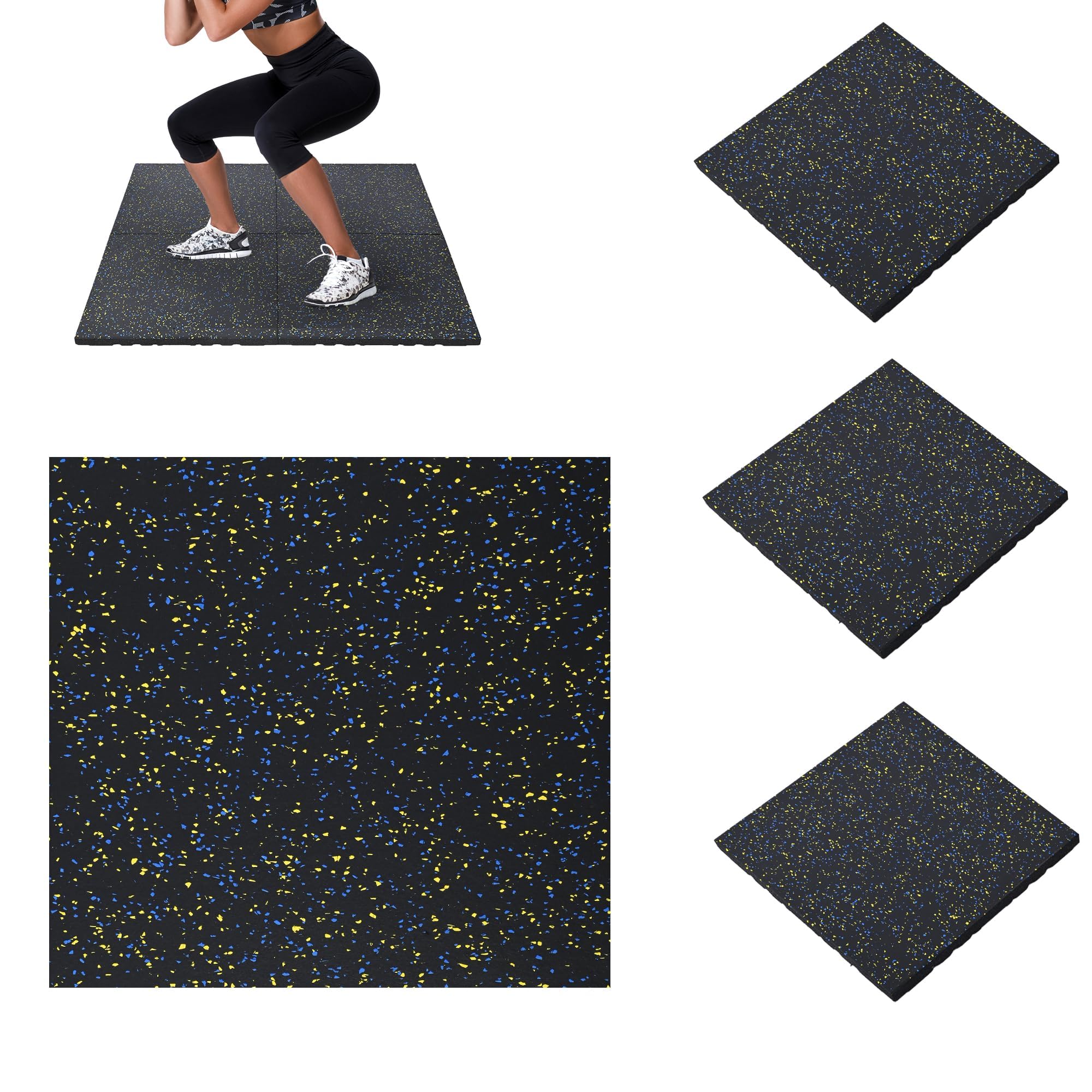 tonchean Rubber Exercise Equipment Mats 1" Thick, 4 Pack Anti-Vibration Gym Floor Tiles 20" x 20'', Non-Slip Sound Absorbing Gym Mats, Interlocking