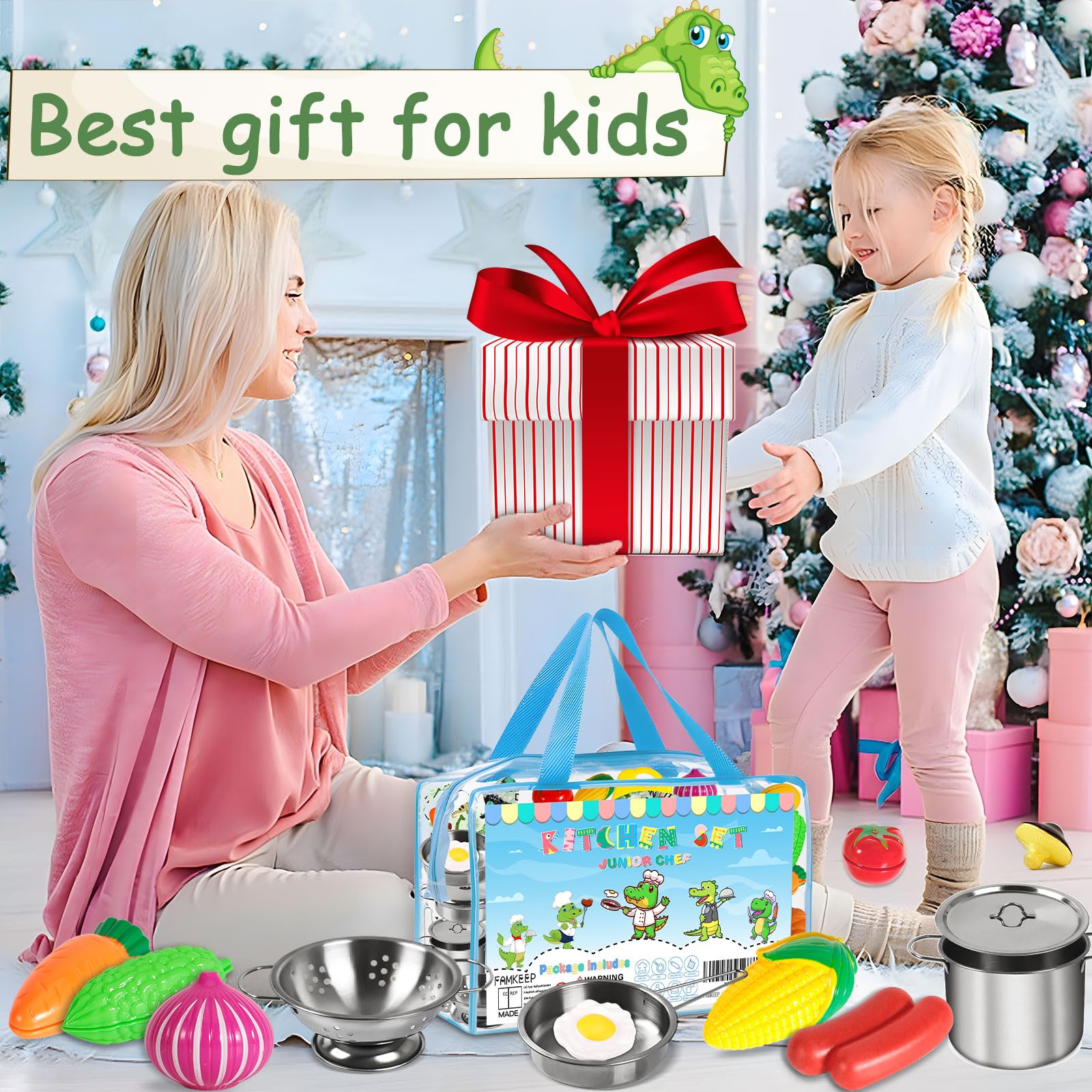 FAMKEEP Zabawki kuchenne dla dzieci Akcesoria, 30 sztuk zabawki szefa kuchni dla dzieci, zestaw kulinarnych przyborów kuchennych Mini zabawka kuchnia, warzywa do krojenia, fartuch i czapka szefa kuchni