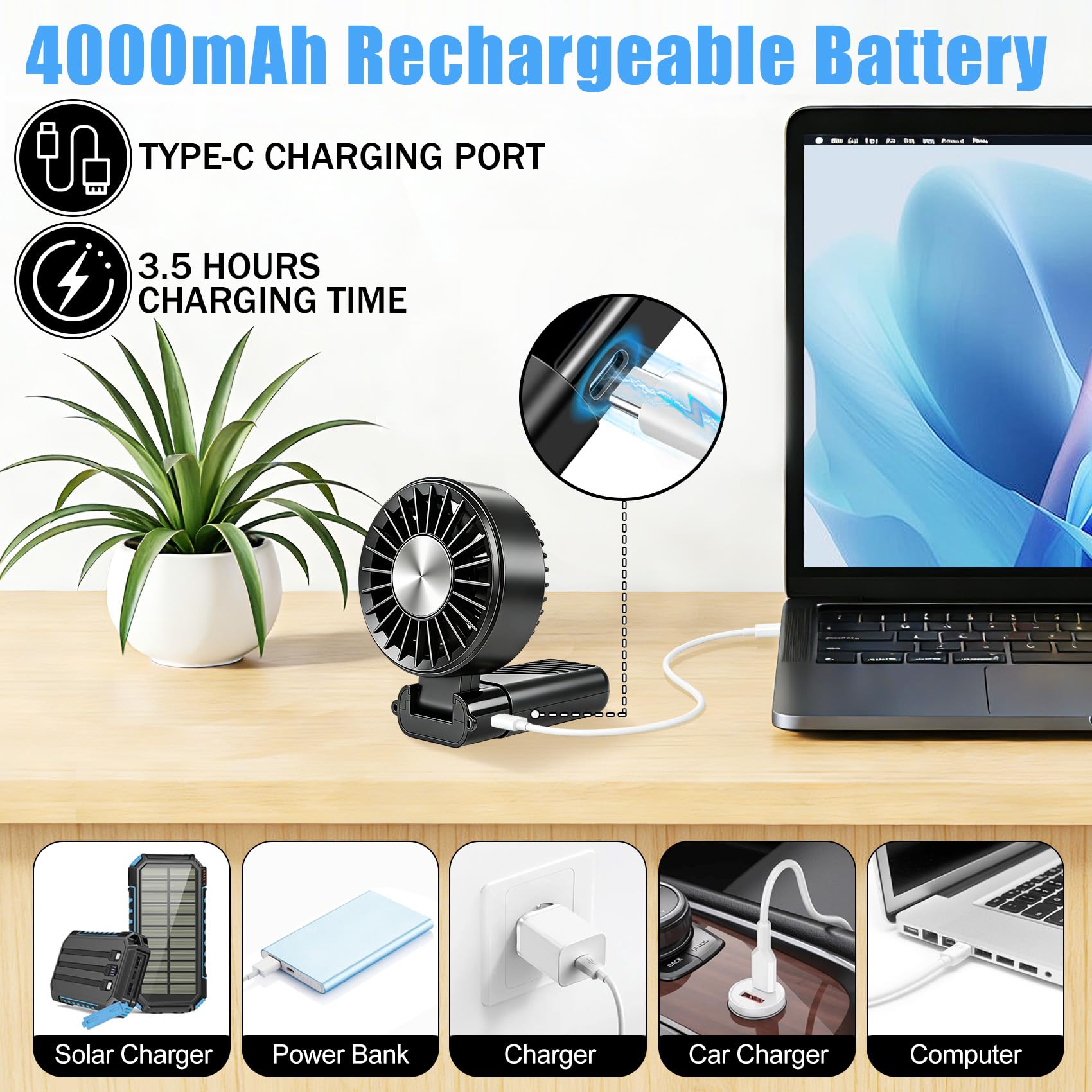 Ventilatore Portatile, Mini Ventilatore A Mano Silenzioso Potente a Batteria Ricaricabile 3 in 1 5 Velocità Piccolo Ventilatore Ventilatore USB Ventilatore da Tavolo per Viaggi,Ufficio,Campeggio