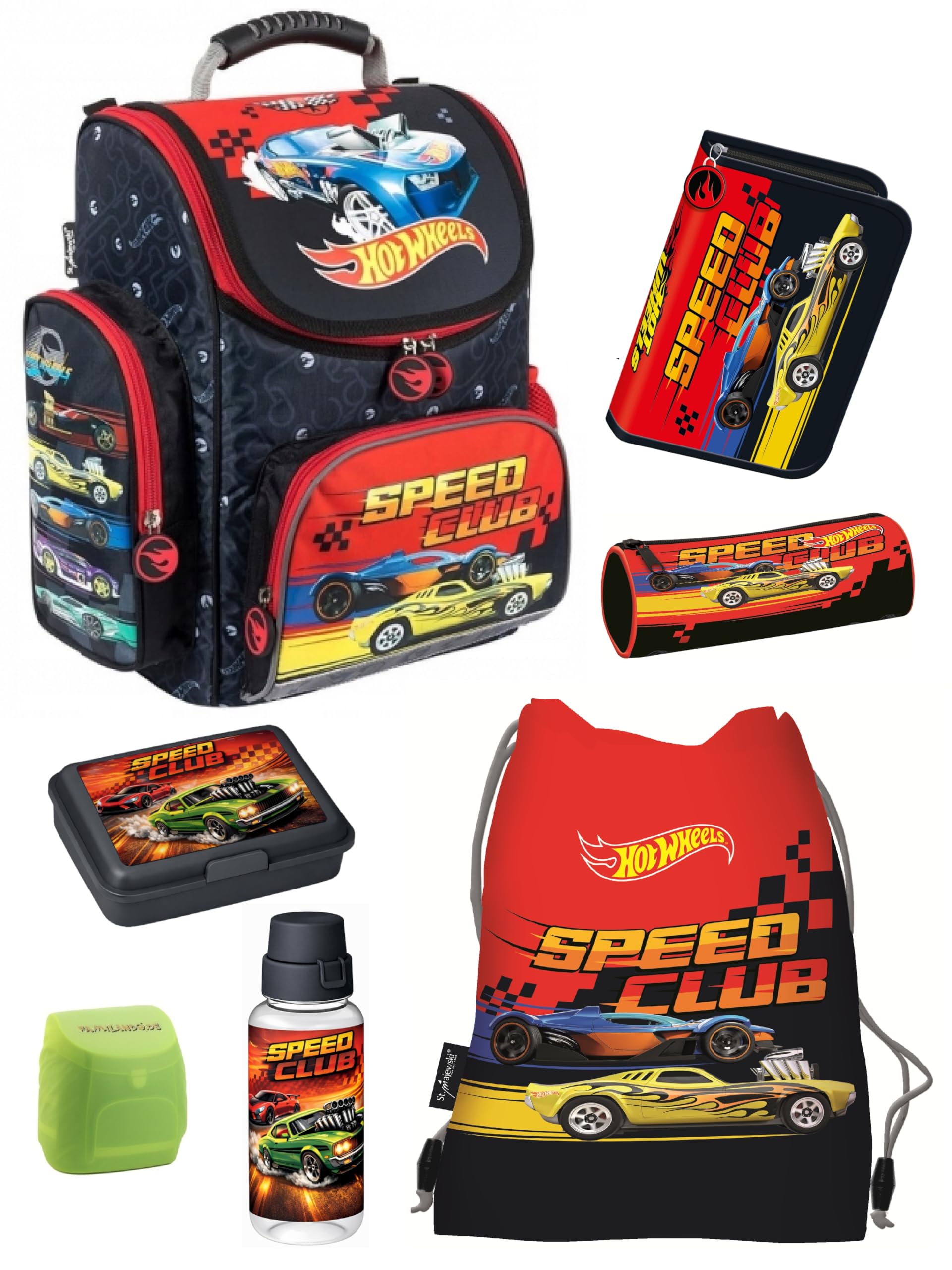 Familando - Schulranzen Set - 7-teilig mit Sporttasche - Hot Wheels - Ergonomisch, stabil & mit gepolstertem Rücken - 1010g leicht - 18L Volumen - Mit Reflektoren - Für Grundschule ab 1. Klasse