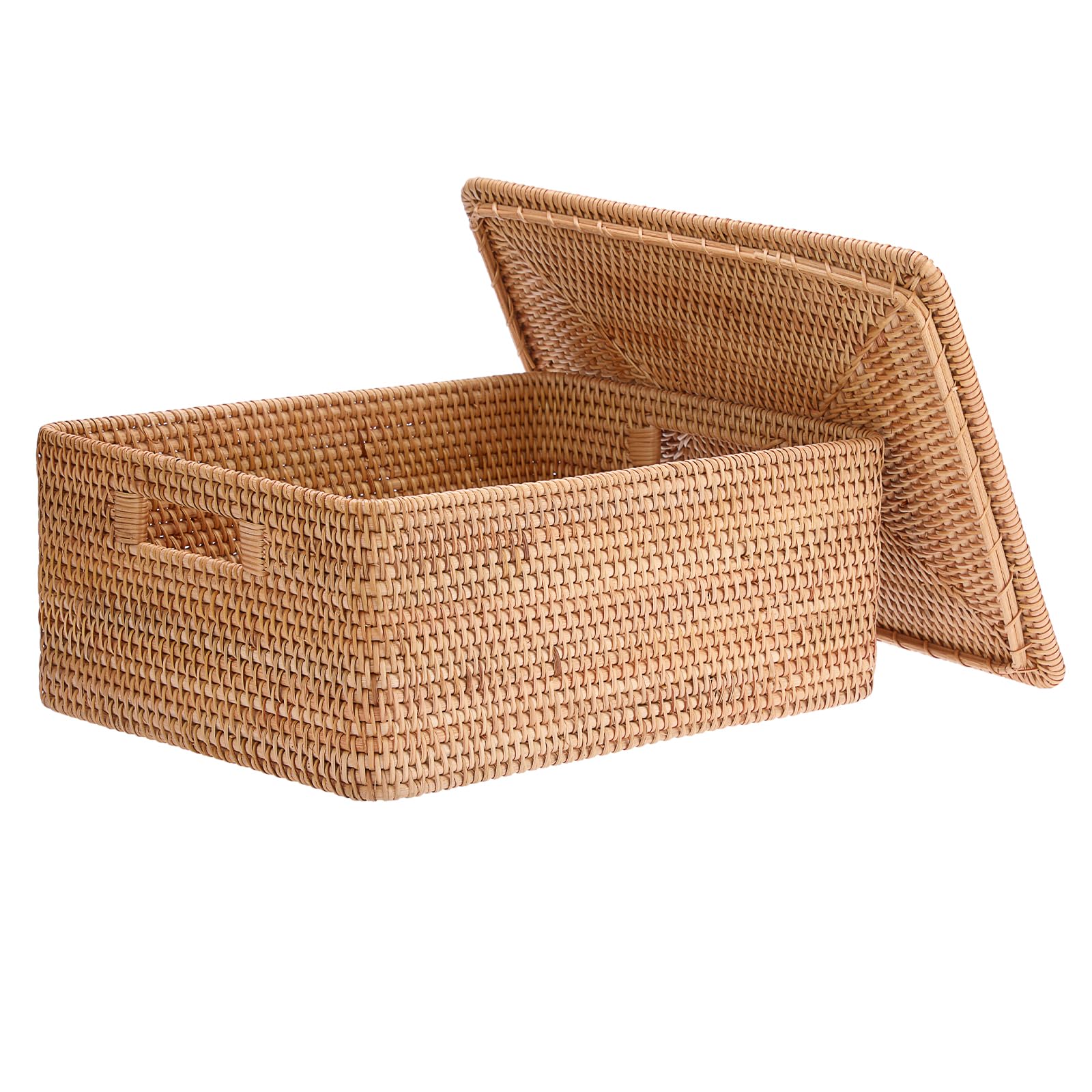 IGNPION Rattan Storage Basket With Lid, Wicker Decorative Storage Basket for Shelves Bathroom Woven Storage Box, Cupboard & Table Multipurpose Storage Bin for Kitchen, Living Room, Office (XL)